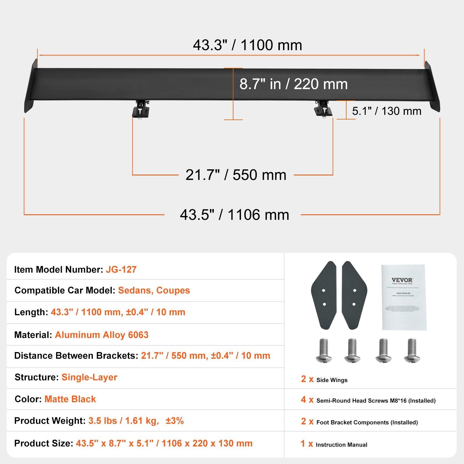 GT Wing Car Spoiler, 43.3 inch Universal Spoiler with Single Deck, Adjustable Lightweight Aluminum, Car Rear Spoiler Wing, Racing Spoiler BGW/JDM Drift Black