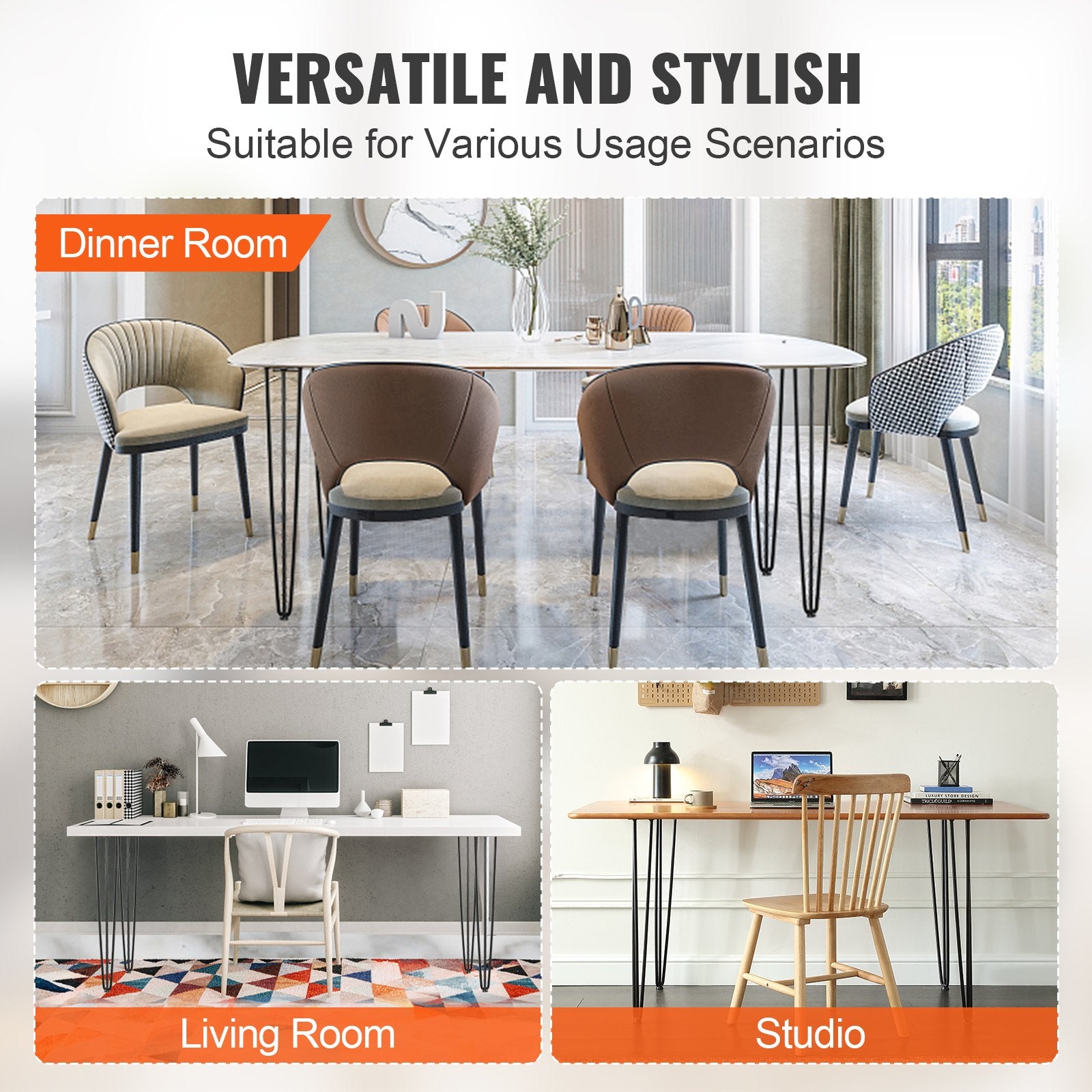 VEVOR Hairpin Table Legs 0.7M, Set of 4 Desk Legs 408.2KG Load Capacity, Hairpin Desk Legs 3 Rods for Desk Chairs Bench Dining End Table, Solid Carbon Steel Heavy Duty Furniture Legs Black