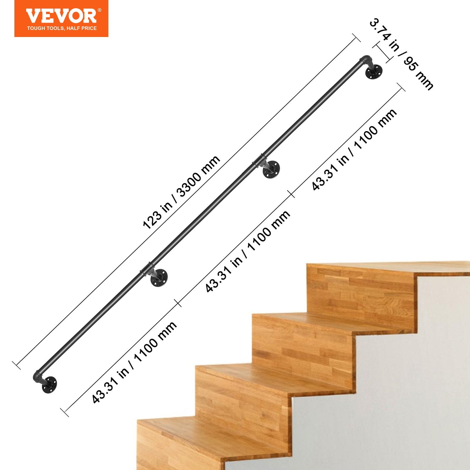 VEVOR Pipe Stair Handrail, 11FT Staircase Handrail, 440LBS Load Capacity Carbon Steel Pipe Handrail, Industrial Pipe Handrail with Wall Mount Support, Round Corner Wall Handrailing for Indoor, Outdoor