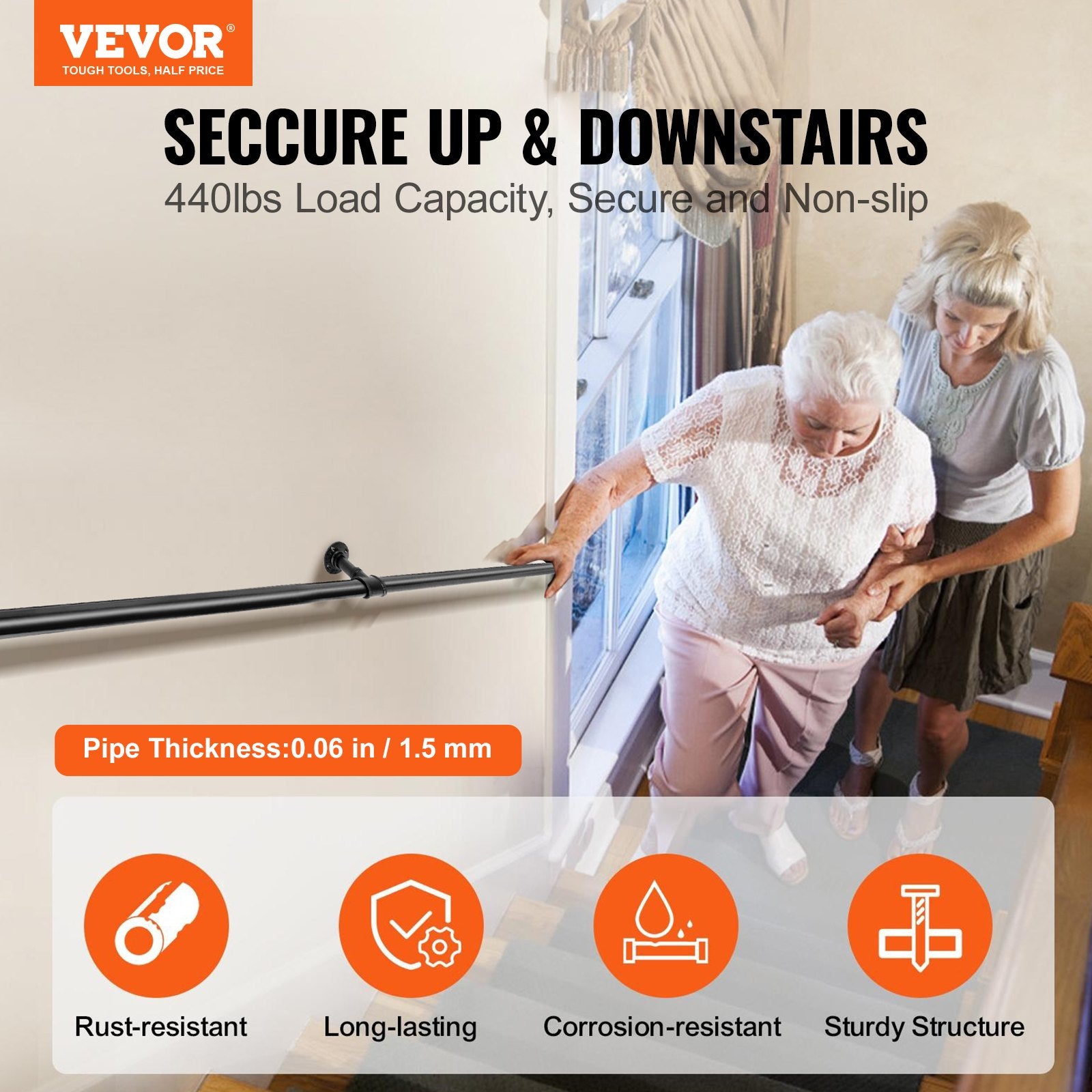 VEVOR Pipe Stair Handrail Staircase Handrail 4 FT Carbon Steel for Wall Mount