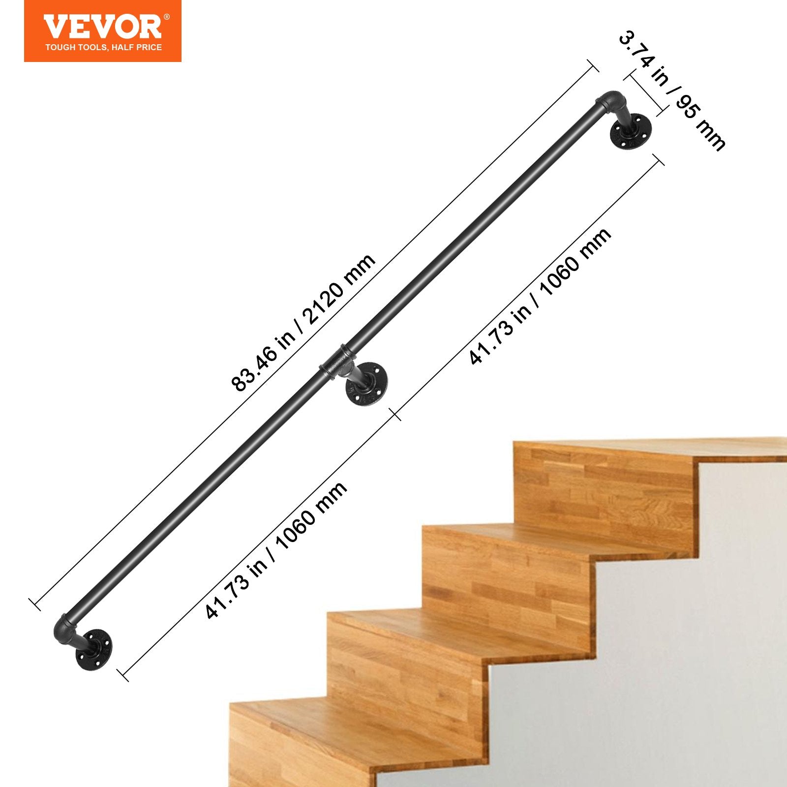 VEVOR Pipe Stair Handrail, 7FT Staircase Handrail, 440LBS Load Capacity Carbon Steel Pipe Handrail, Industrial Pipe Handrail with Wall Mount Support, Round Corner Wall Handrailings for Indoor, Outdoor