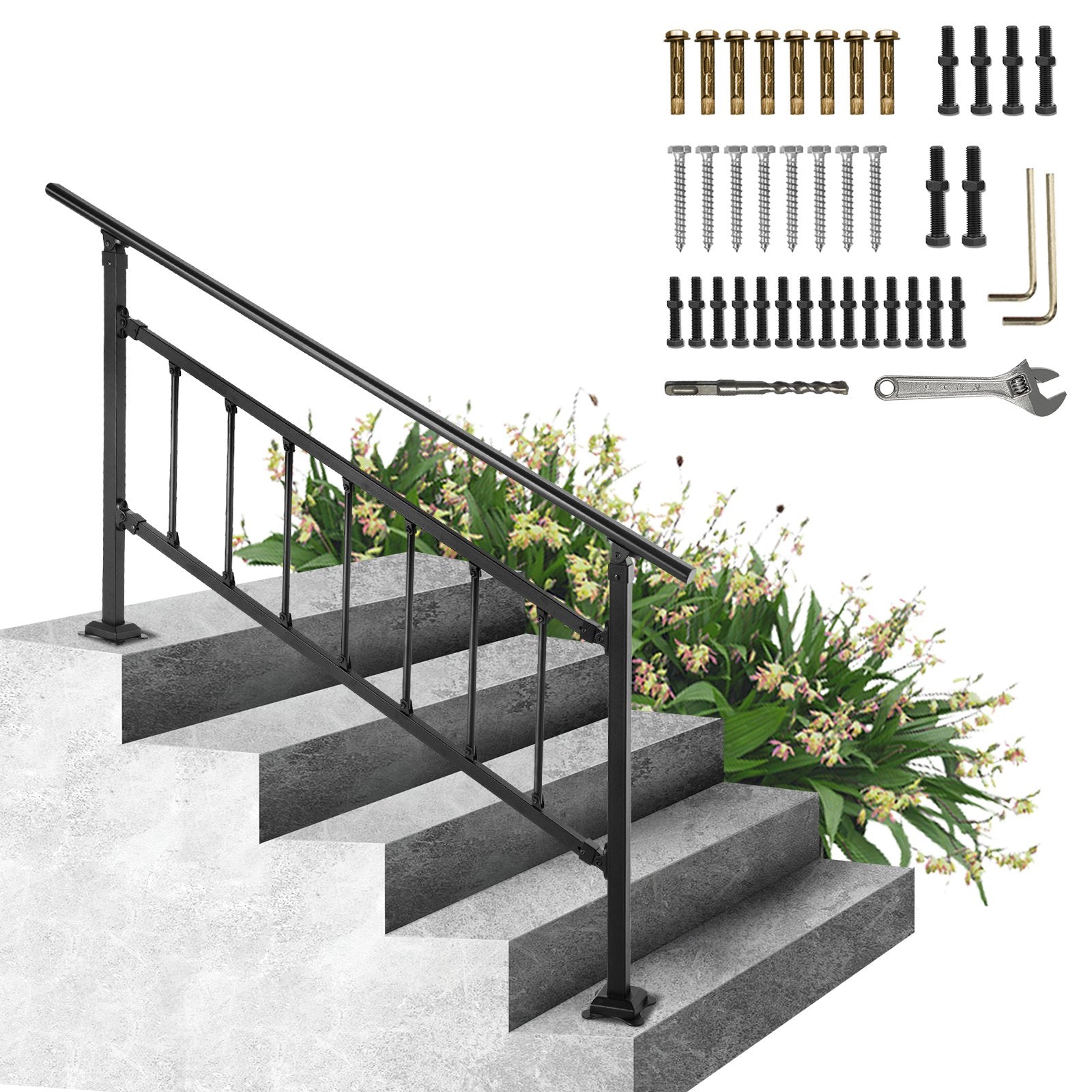 VEVOR Iron Handrail Stair Railing Hand Rail Kit 1-4 Steps Outdoor Black w/ Bars