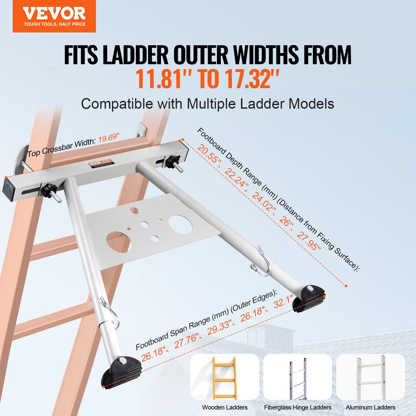 VEVOR Ladder Stabilizer, Adjustable Feet Extension Ladder Standoff, Heavy Duty Wall Ladder Accessories for Roof Gutter, Easy to Use & Wide Adaptability & Anti-slip Rubber Feet, 330 lbs Weight Rating