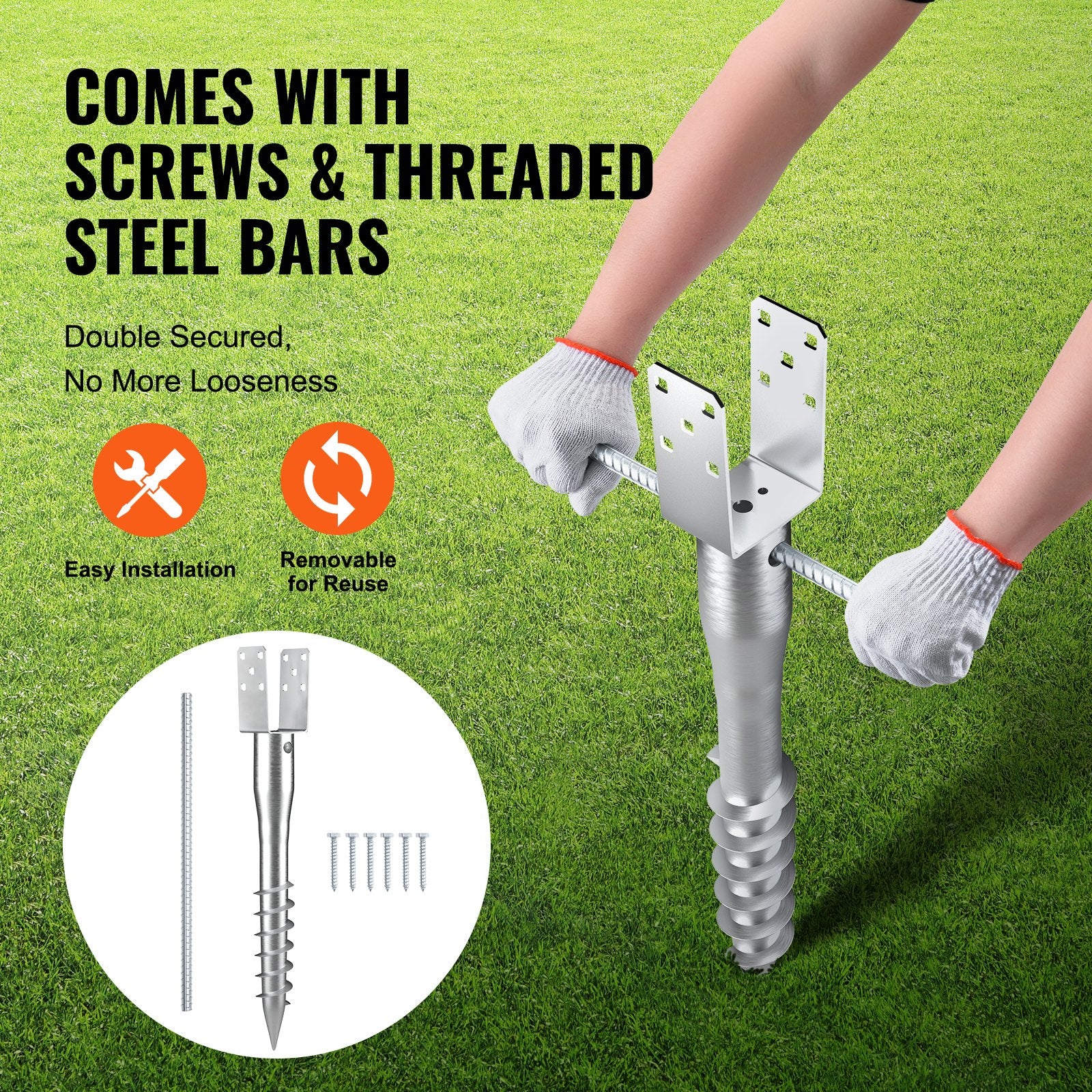 VEVOR No Dig Ground Anchor, 1 Pack 10 x 7 x 70 cm DIY Screw in Post Stake, Includes 6 Lag Bolts & a Rebar, U-Shape Heavy Duty Steel Post Holder, Great for Mailbox Posts and Fence Posts