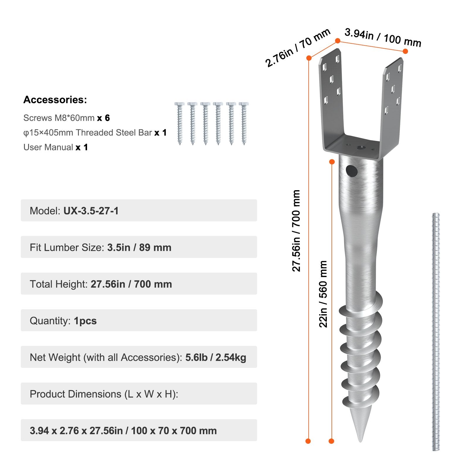 VEVOR No Dig Ground Anchor, 1 Pack 10 x 7 x 70 cm DIY Screw in Post Stake, Includes 6 Lag Bolts & a Rebar, U-Shape Heavy Duty Steel Post Holder, Great for Mailbox Posts and Fence Posts