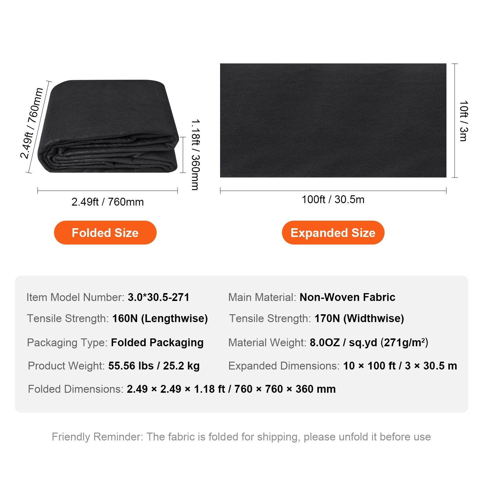 VEVOR Non-Woven Geotextile Fabric 10x100FT 8OZ Ground Cover Weed Control Fabric, 3.0 x 30.5 m