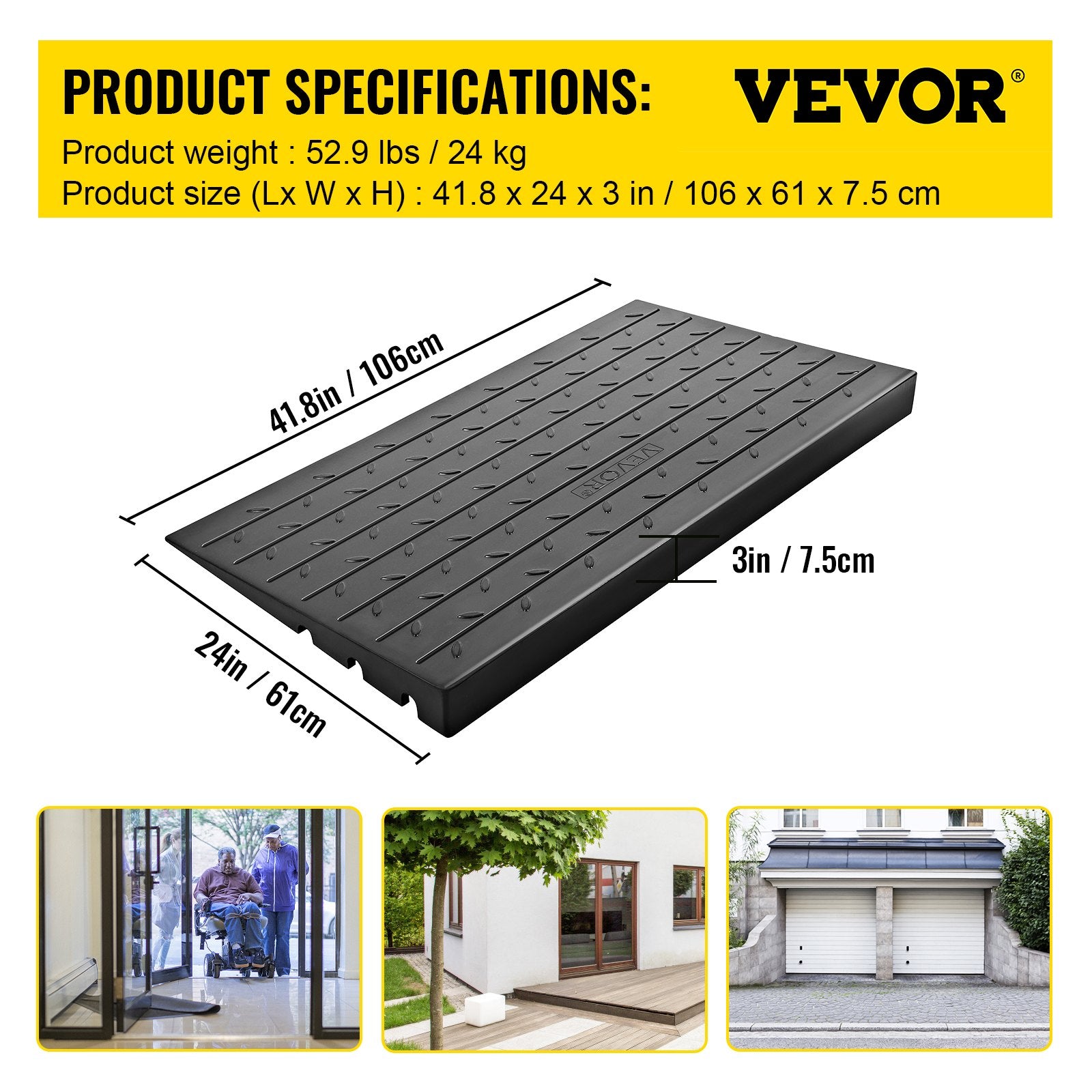 VEVOR Rubber Threshold Ramp, 7.62 cm Rise Threshold Ramp Doorway, 3 Channels Cord Cover Rubber Solid Threshold Ramp, Rubber Angled Entry Rated 997.9 kg Load Capacity for Wheelchair and Scooter