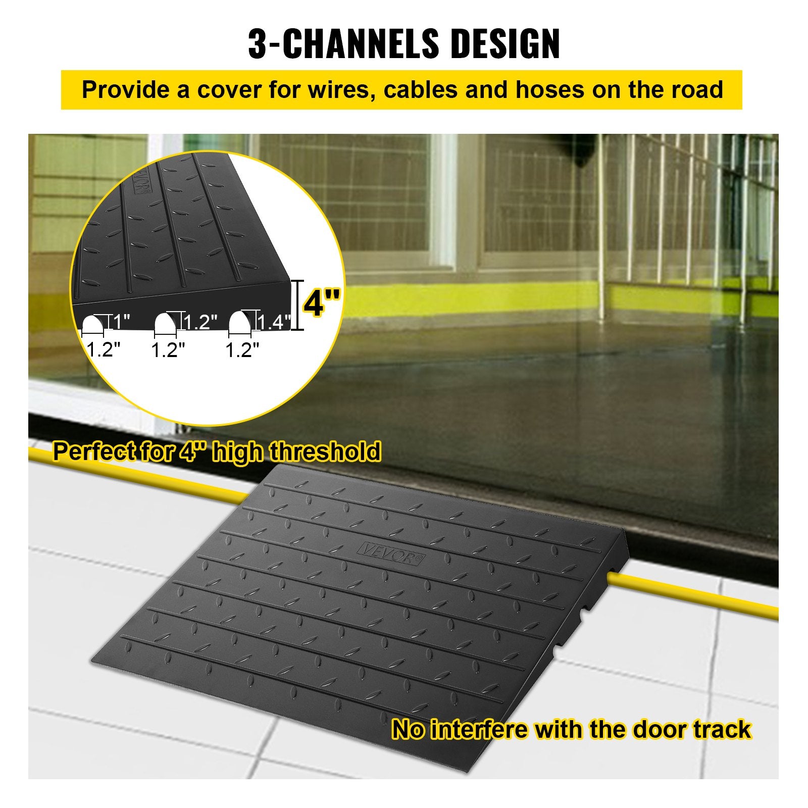 VEVOR Rubber Threshold Ramp, 4" Rise Threshold Ramp Doorway, 3 Channels Cord Cover Rubber Solid Threshold Ramp, Rubber Angled Entry Rated 2200 Lbs Load Capacity for Wheelchair and Scooter