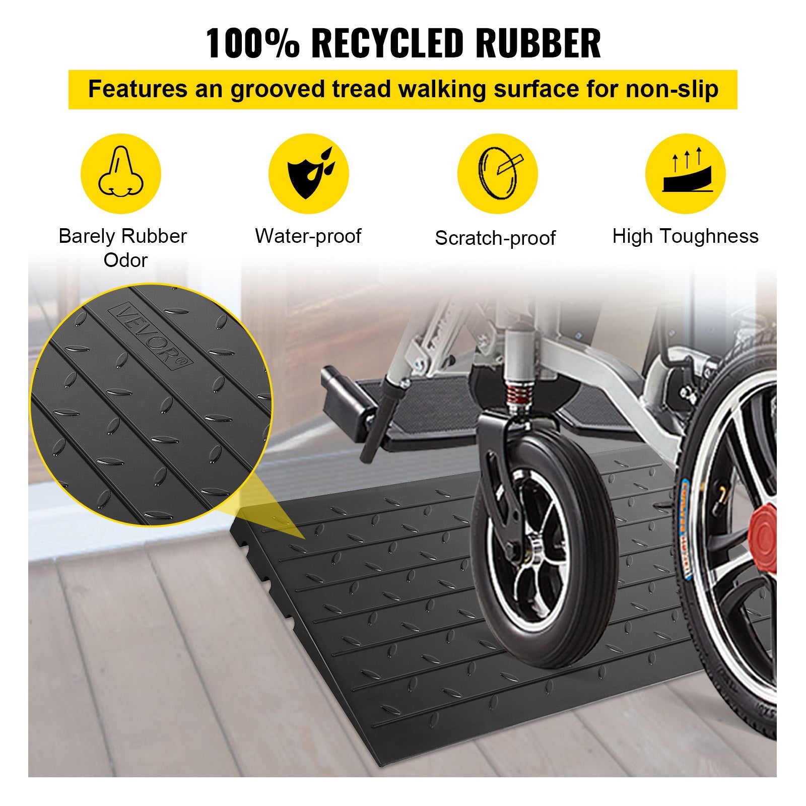 VEVOR Rubber Threshold Ramp, 4" Rise Threshold Ramp Doorway, 3 Channels Cord Cover Rubber Solid Threshold Ramp, Rubber Angled Entry Rated 2200 Lbs Load Capacity for Wheelchair and Scooter