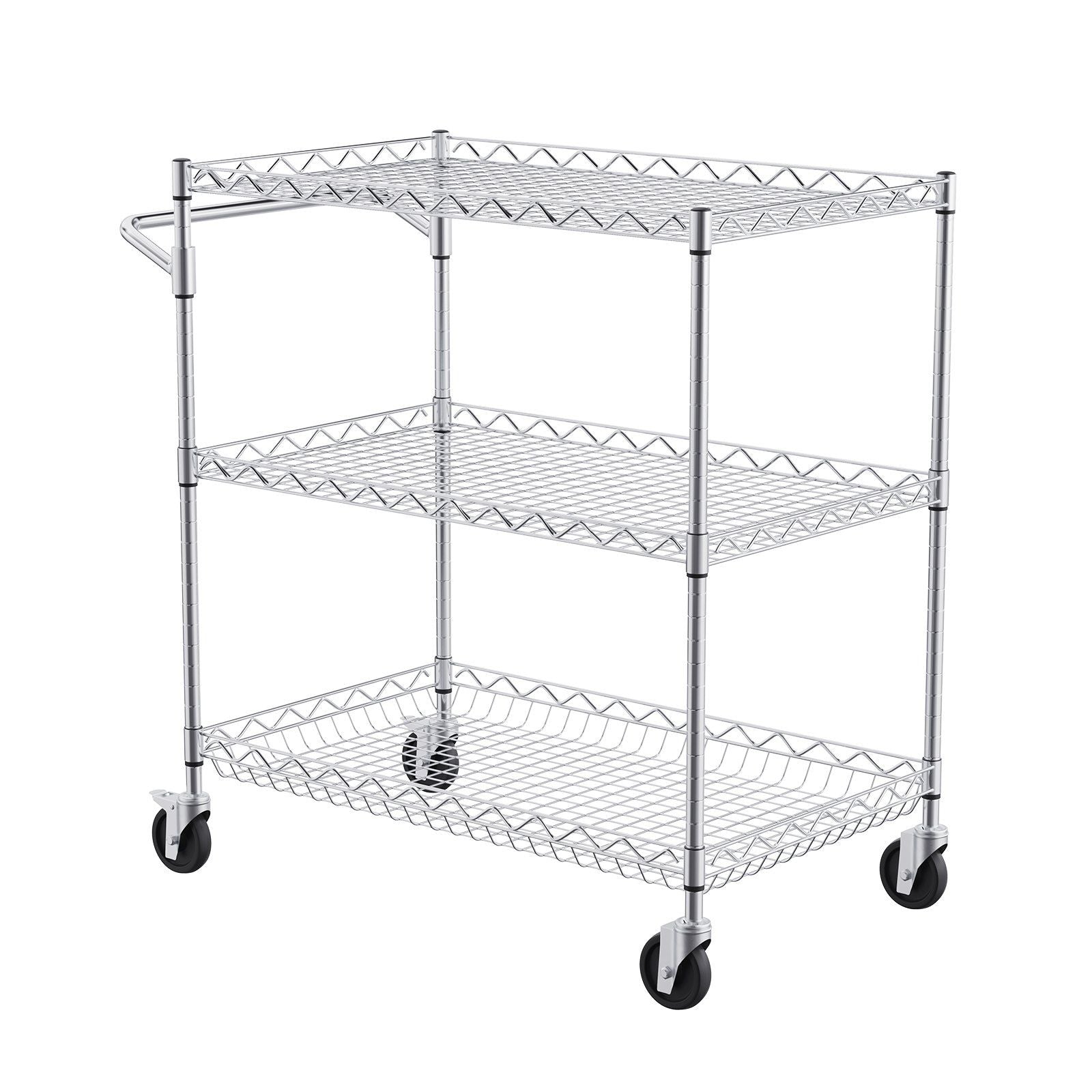 Kitchen Utility Cart, 3 Tiers, Wire Rolling Cart with 300kg Capacity, Steel Service Cart on Wheels, Metal Storage Trolley with 80mm Deep Basket Curved Handle 6 Hooks, for Indoor and Outdoor Use
