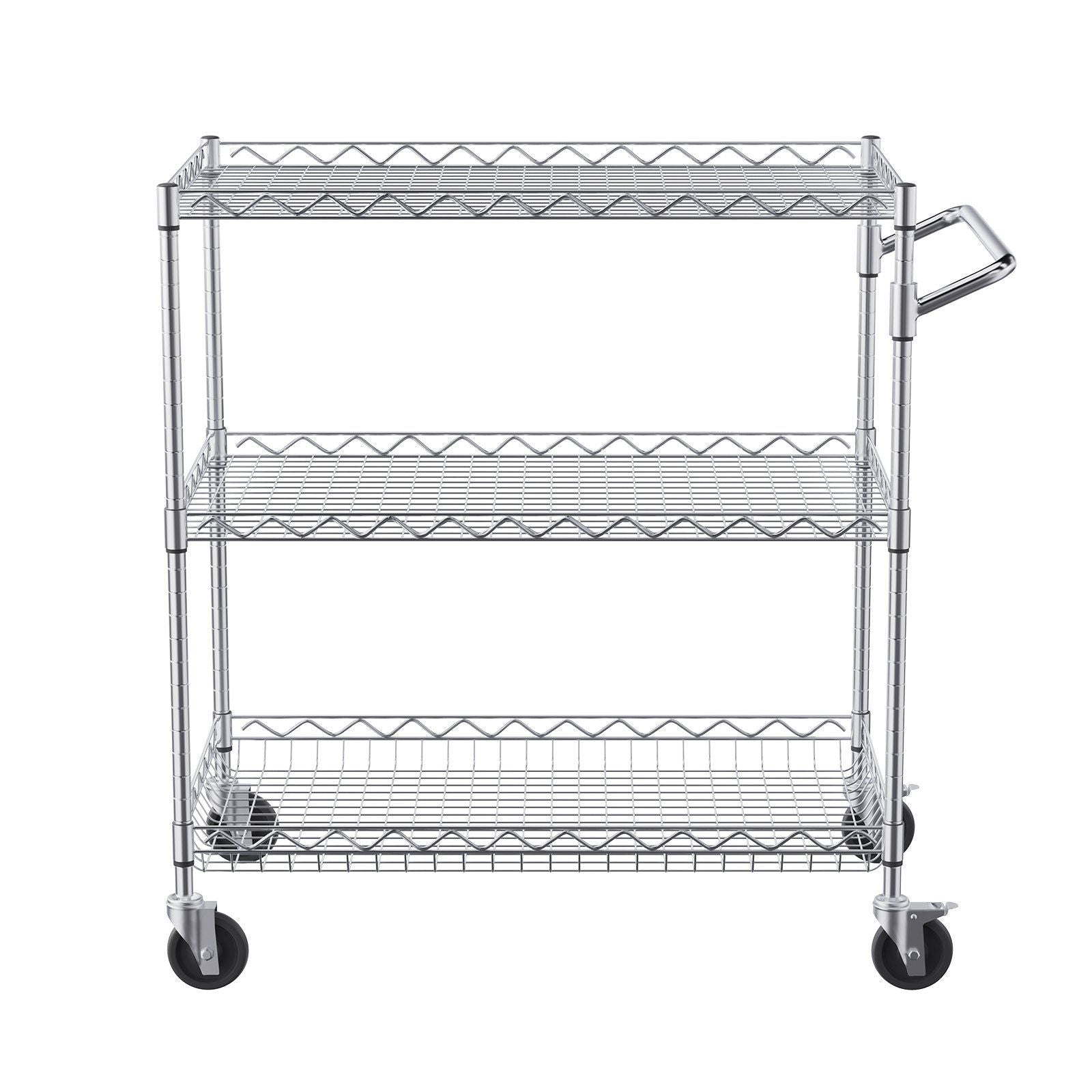 Kitchen Utility Cart, 3 Tiers, Wire Rolling Cart with 300kg Capacity, Steel Service Cart on Wheels, Metal Storage Trolley with 80mm Deep Basket Curved Handle 6 Hooks, for Indoor and Outdoor Use
