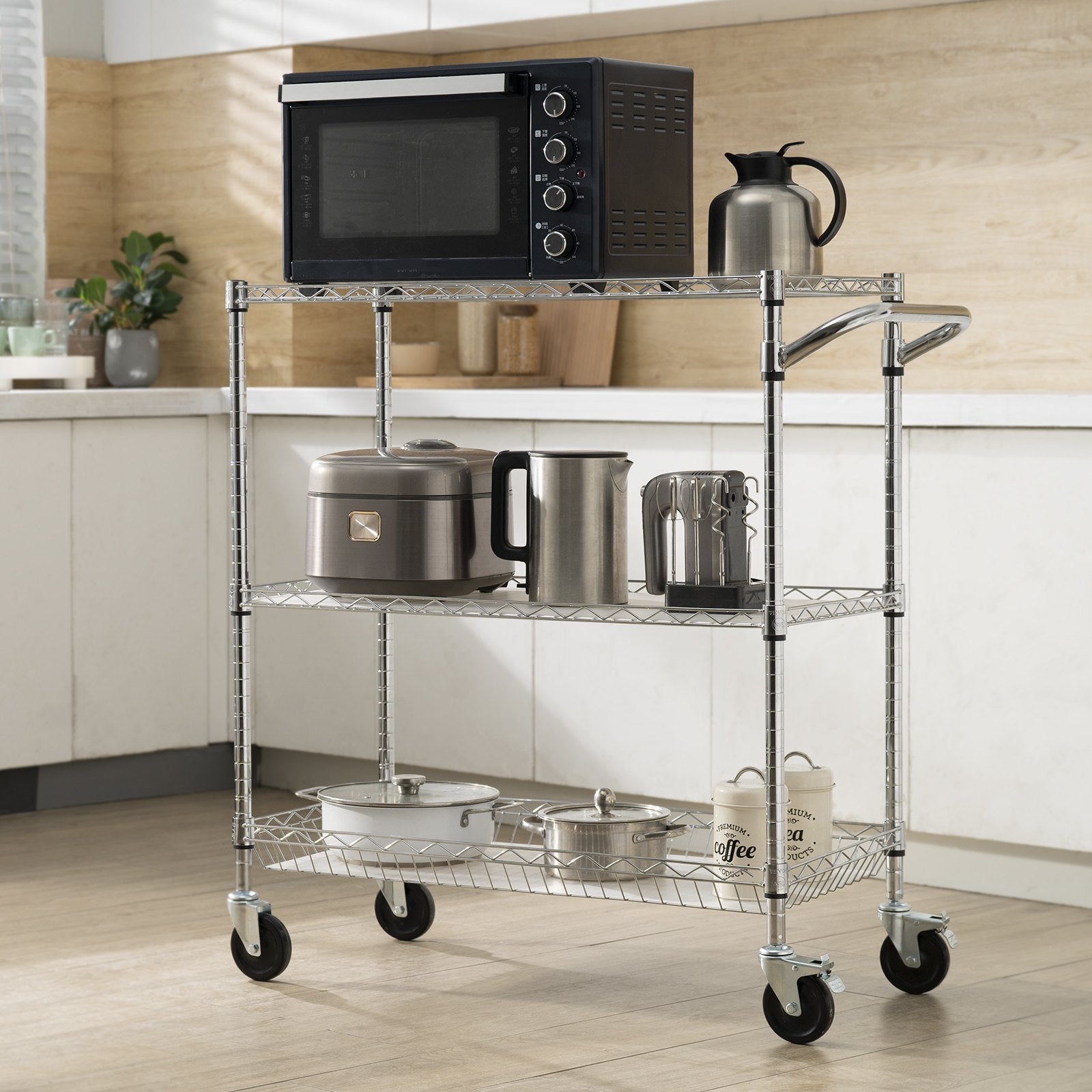 VEVOR Kitchen Utility Cart, 3 Tiers, Wire Rolling Cart, Steel Service Cart on Wheels, Metal Storage Trolley with 80mm Basket Curved Handle PP Liner 6 Hooks, for Indoor and Outdoor