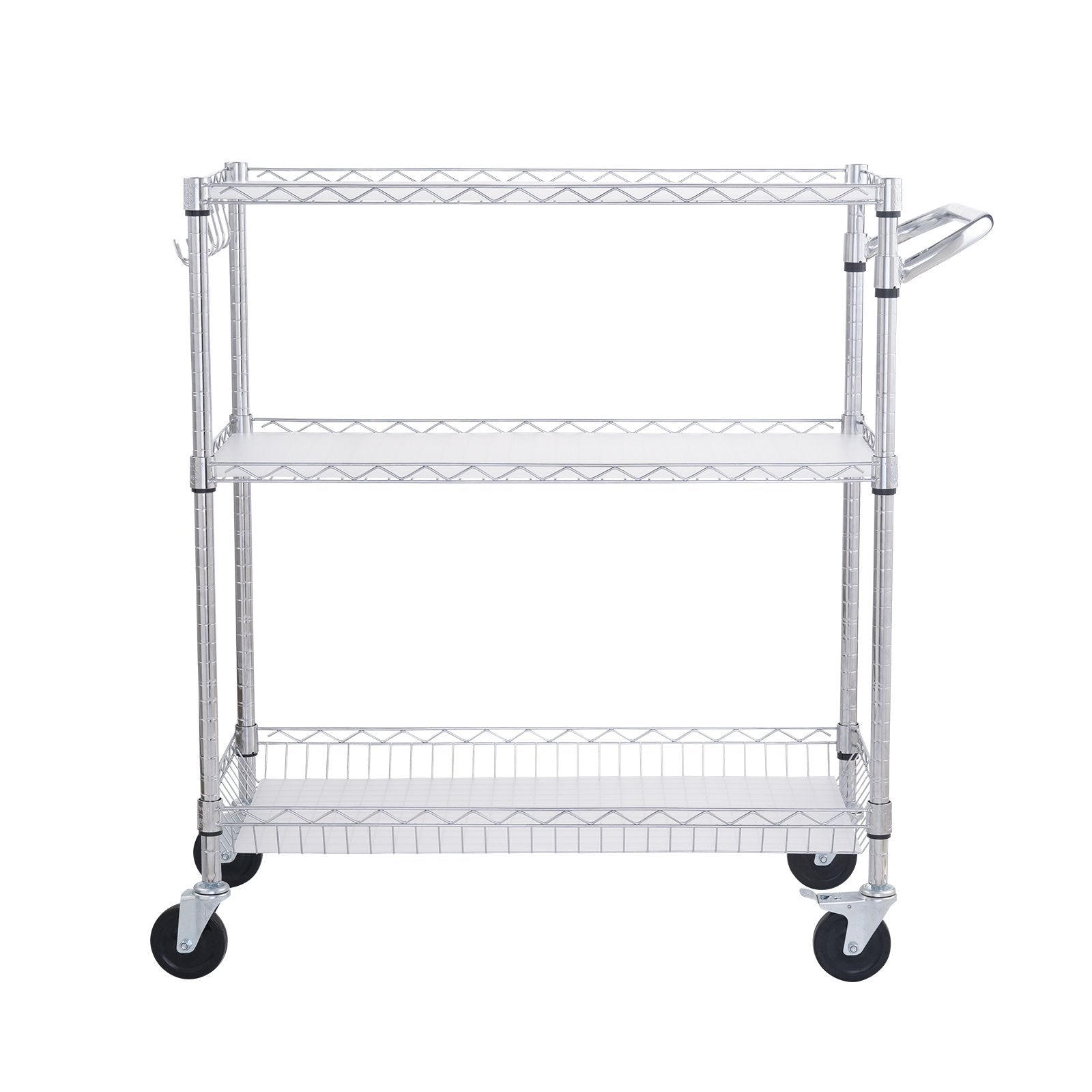 VEVOR Kitchen Utility Cart, 3 Tiers, Wire Rolling Cart, Steel Service Cart on Wheels, Metal Storage Trolley with 80mm Basket Curved Handle PP Liner 6 Hooks, for Indoor and Outdoor