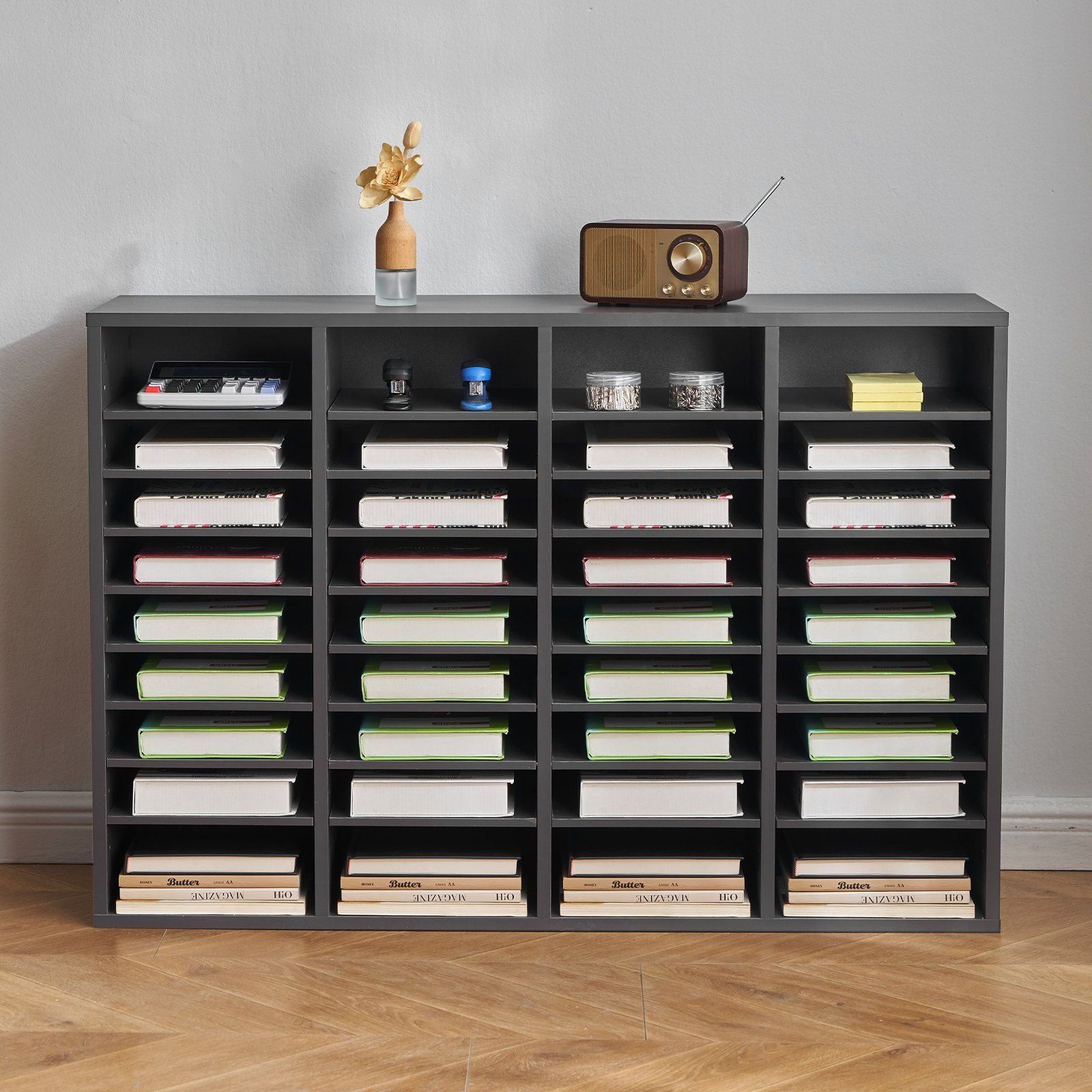 Literature Organizer, 36 Compartments Office Mailbox with Adjustable Shelves, Wooden Mailbox Sorter Medium Density Fiberboard Office Home Classroom Storage for Files, Documents, Papers, Grey