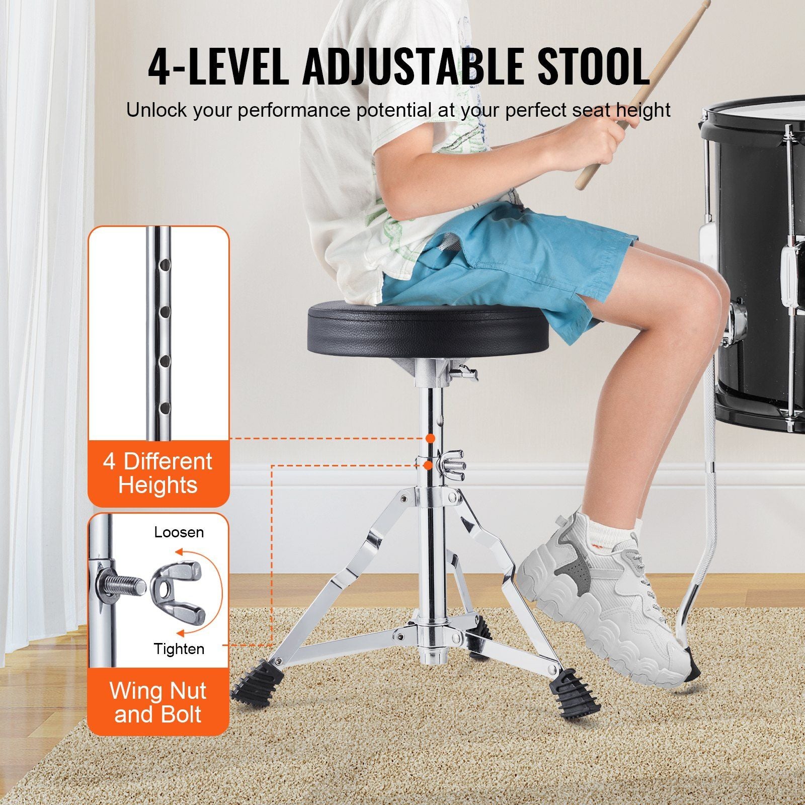 Kids Drum Set, 5-Piece, 406.4 mm Beginner Full Drum Set with Bass Toms Snare Floor Drum Adjustable Throne Cymbal Hi-Hat Pedal and Two Pairs of Drumsticks, Starter Drum Kit for Child Kids, Black