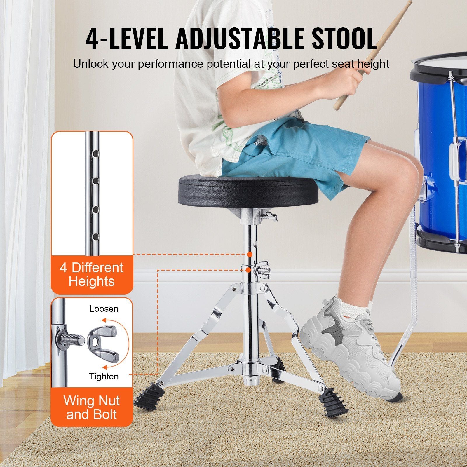 Kids Drum Set, 5-Piece, 406.4 mm Beginner Full Drum Set with Bass Toms Snare Floor Drum Adjustable Throne Cymbal Hi-Hat Pedal and Two Pairs of Drumsticks, Starter Drum Kit for Child Kids, Blue