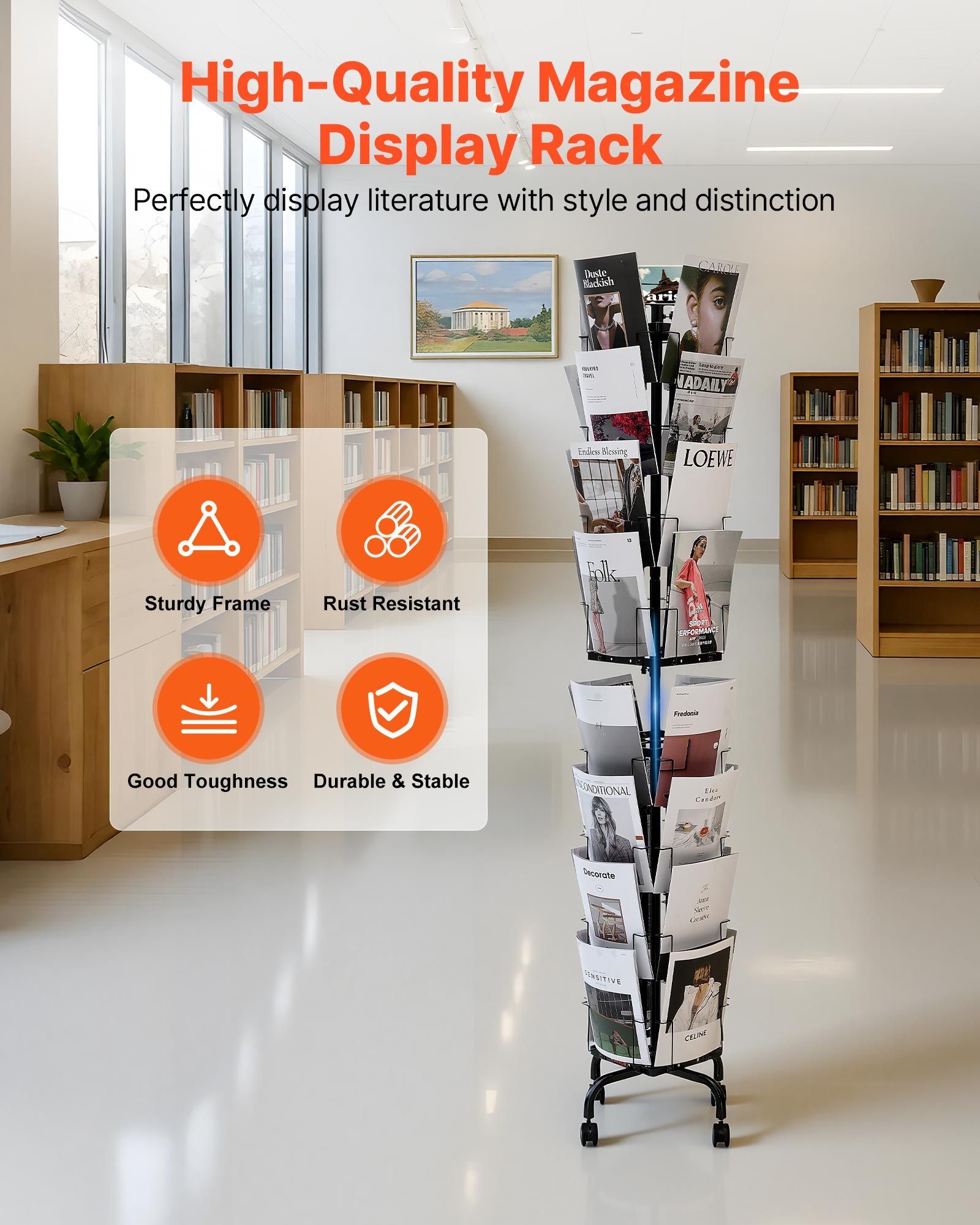 Greeting Cards Display Rack, 32 Pockets Rotating Postcard Brochure Display Stand, 360° Spinning Card Display Rack with Sign Holder & 4 Wheels (2 Lockable) for Exhibitions Office Trade Show