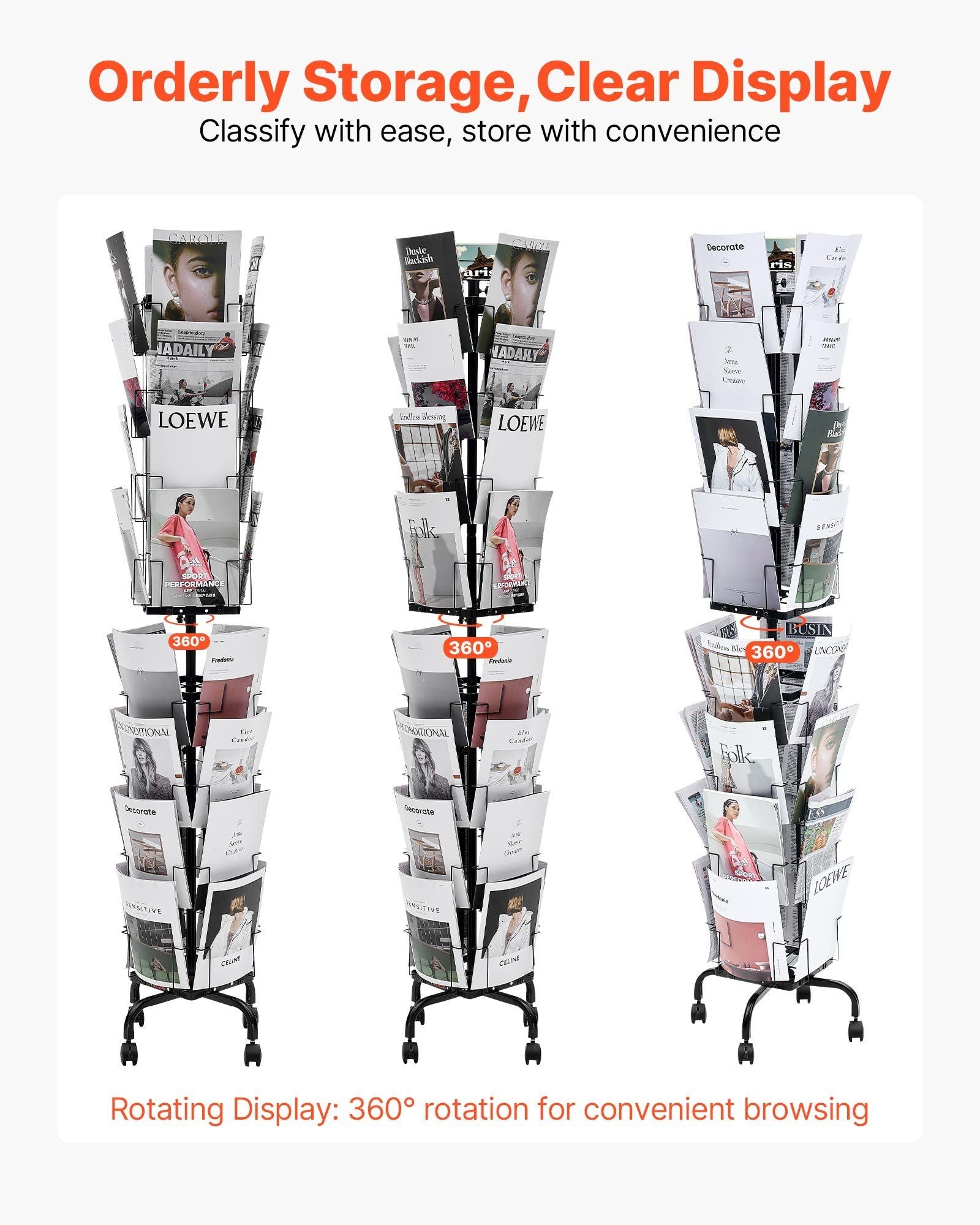 Greeting Cards Display Rack, 32 Pockets Rotating Postcard Brochure Display Stand, 360° Spinning Card Display Rack with Sign Holder & 4 Wheels (2 Lockable) for Exhibitions Office Trade Show
