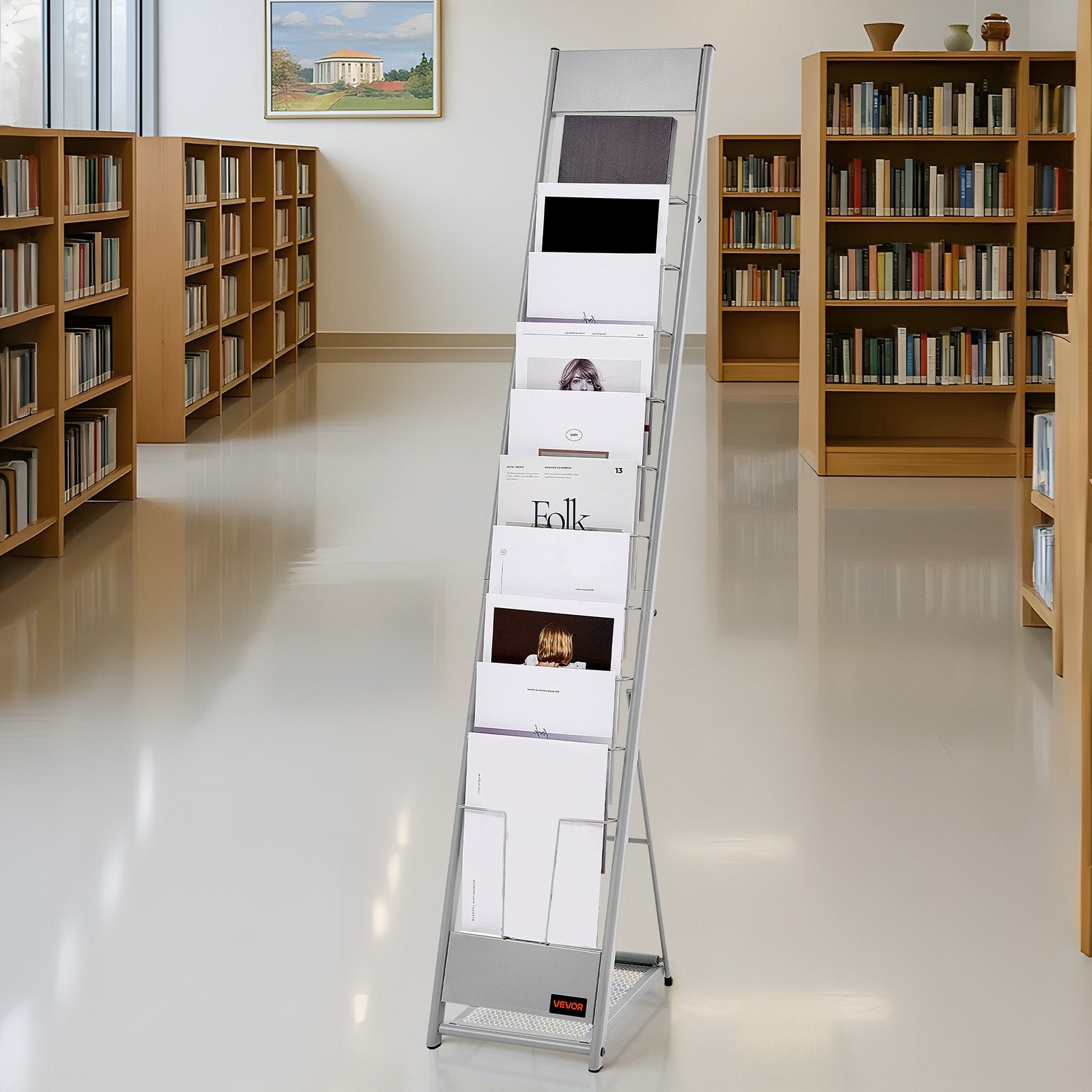 VEVOR Brochure Display Rack, 10 Pockets Magazine Literature Display Stand, Portable Floor Standing Magazine Rack, Metal Newspaper Catalog Holders for Shop, Exhibitions, Office, Trade Show, Silver
