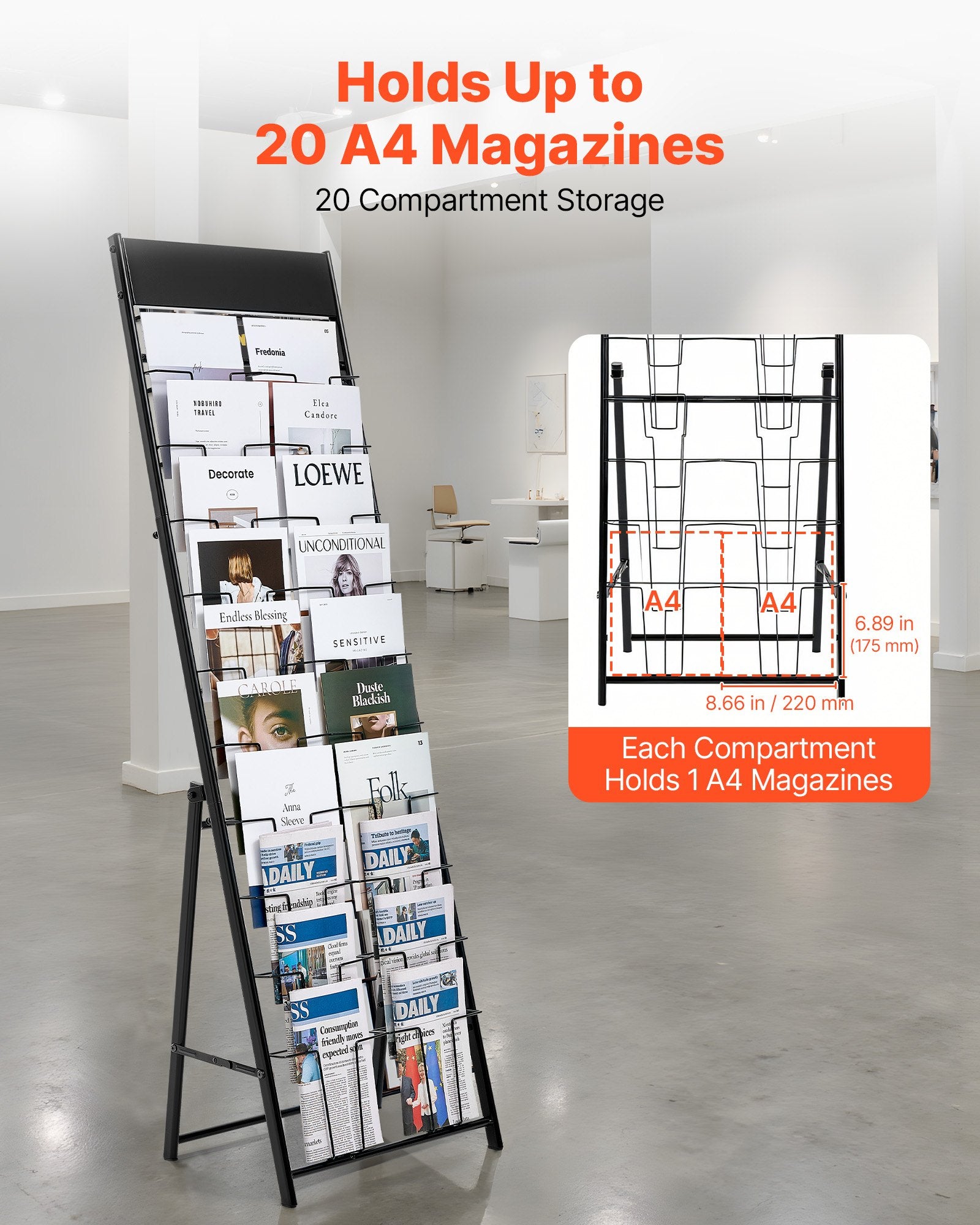 VEVOR Brochure Display Rack, 20 Pockets Magazine Literature Display Stand, Portable Floor Standing Magazine Rack, Metal Newspaper Catalog Holders for Shop, Exhibitions, Office, Trade Show, Black