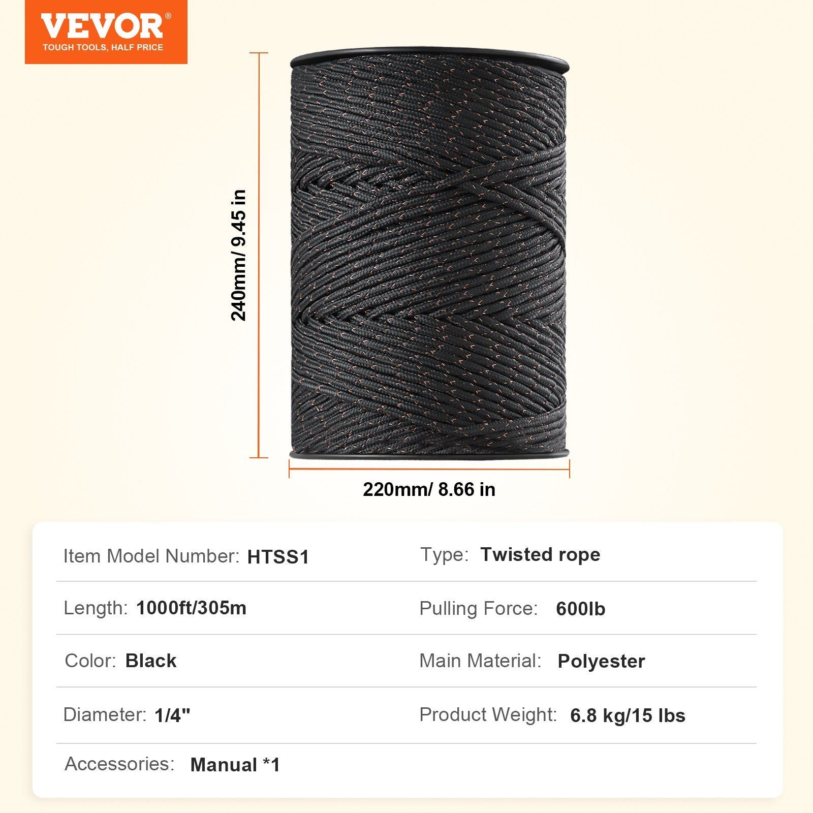 Electric Fence Wire, 1000Ft 305M Portable Polywire, 1/4" Diameter 2 Copper Strands for Reliable Conductivity and Rust Resistance, Fencing Rope Line for Horse, Cattle, Livestock