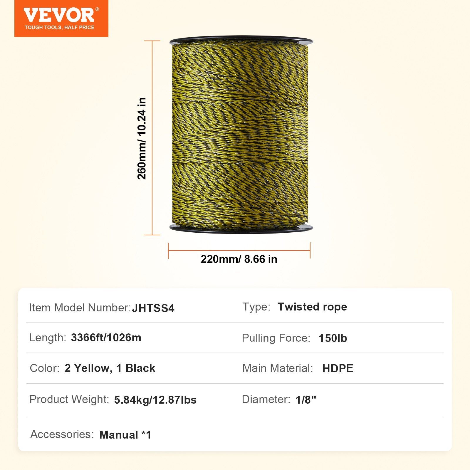 Electric Fence Wire, 3366Ft 1026M Portable Polywire, 1/8" Diameter 6 Stainless Steel Strands for Reliable Conductivity and UV, Rust Resistance, Fencing Rope Line for Horse, Cattle, Livestock