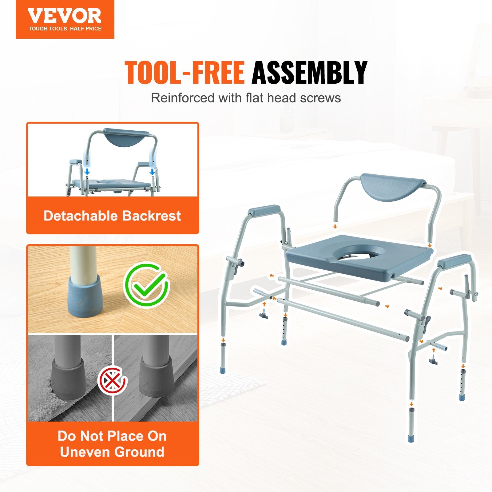 VEVOR Commode Chair, Bedside Commode with Drop-Down Arms and Detachable Backrest, 5-Level Adjustable Height, 7L Removable Bucket, Easy to Assemble, 1000LBS Capacity, Portable Toilet for Adults Seniors
