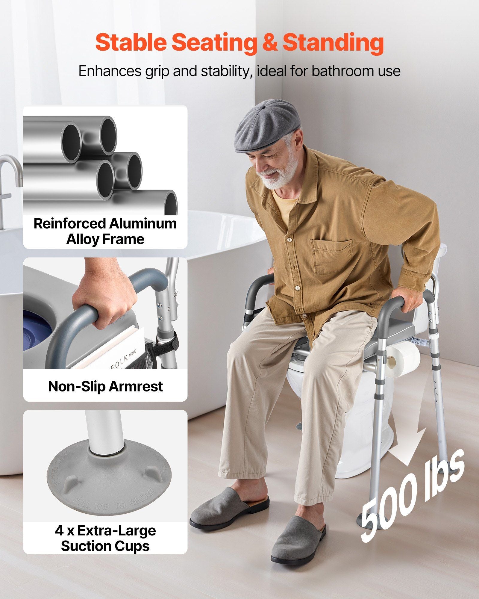 Bedside Commode Chair, 227 kg Capacity, 4-in-1 Portable Toilet and Raised Toilet Seat with Padded Seat & Backrest, Detachable 5L Bucket, Adjustable Height & Width Adult Potty Chair for Seniors