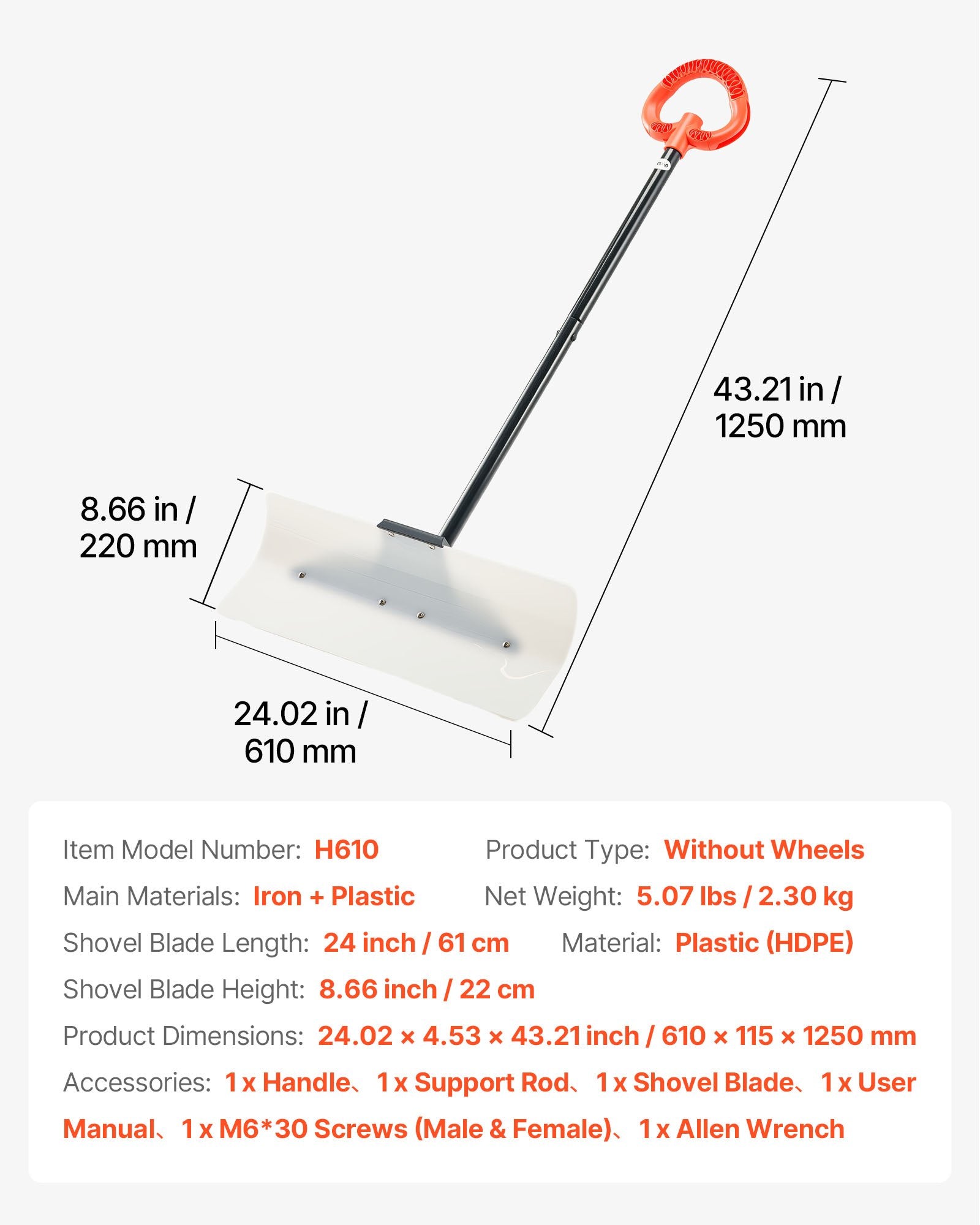 VEVOR Snow Pusher Shovel, 61 cm Wide Outdoor Snowplow Shovel with Ergonomic Grip, HDPE Plastic Blade, Winter Shovels with Segmented Handle, Portable Snow Removal Tool for Driveway Garden Camping