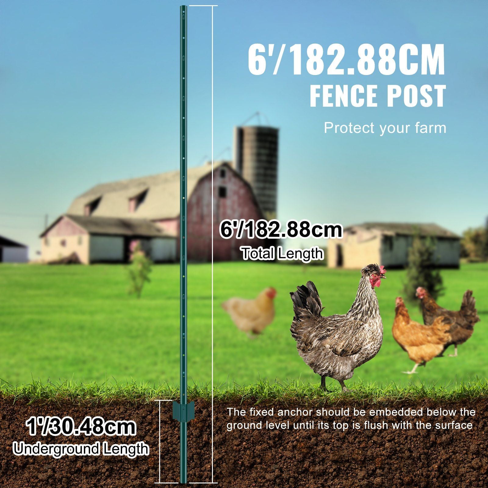 6 Feet Fence Post, 10 Pack U-Channel Heavy Duty Metal Fence Posts, Sturdy Steel Fence Stakes for Garden Yard, Lawn, Farms and Outdoor Wire Fencing, Green