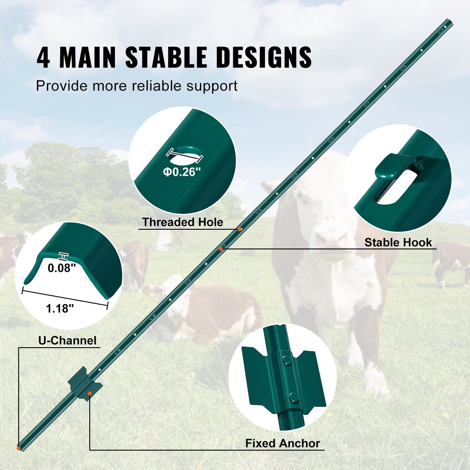 6 Feet Fence Post, 10 Pack U-Channel Heavy Duty Metal Fence Posts, Sturdy Steel Fence Stakes for Garden Yard, Lawn, Farms and Outdoor Wire Fencing, Green