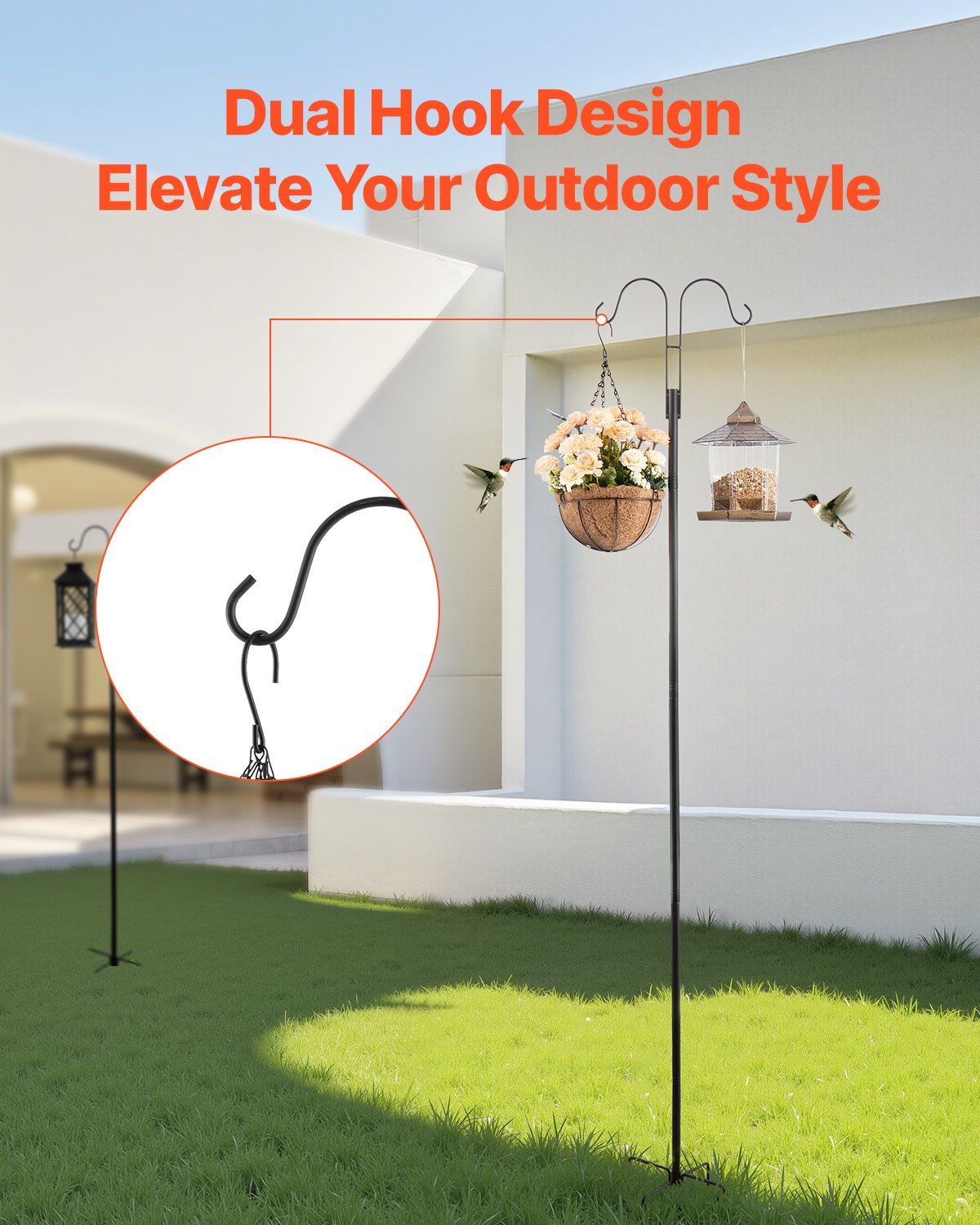 Double Shepherds Hooks for Outdoor, 8 Pack 2730 mm Heavy Duty Bird Feeder Pole, 19 mm Thick Garden Hooks for Hanging Hummingbird Feeder, Plant Baskets, Solar Light Lanterns,Wind Chimes