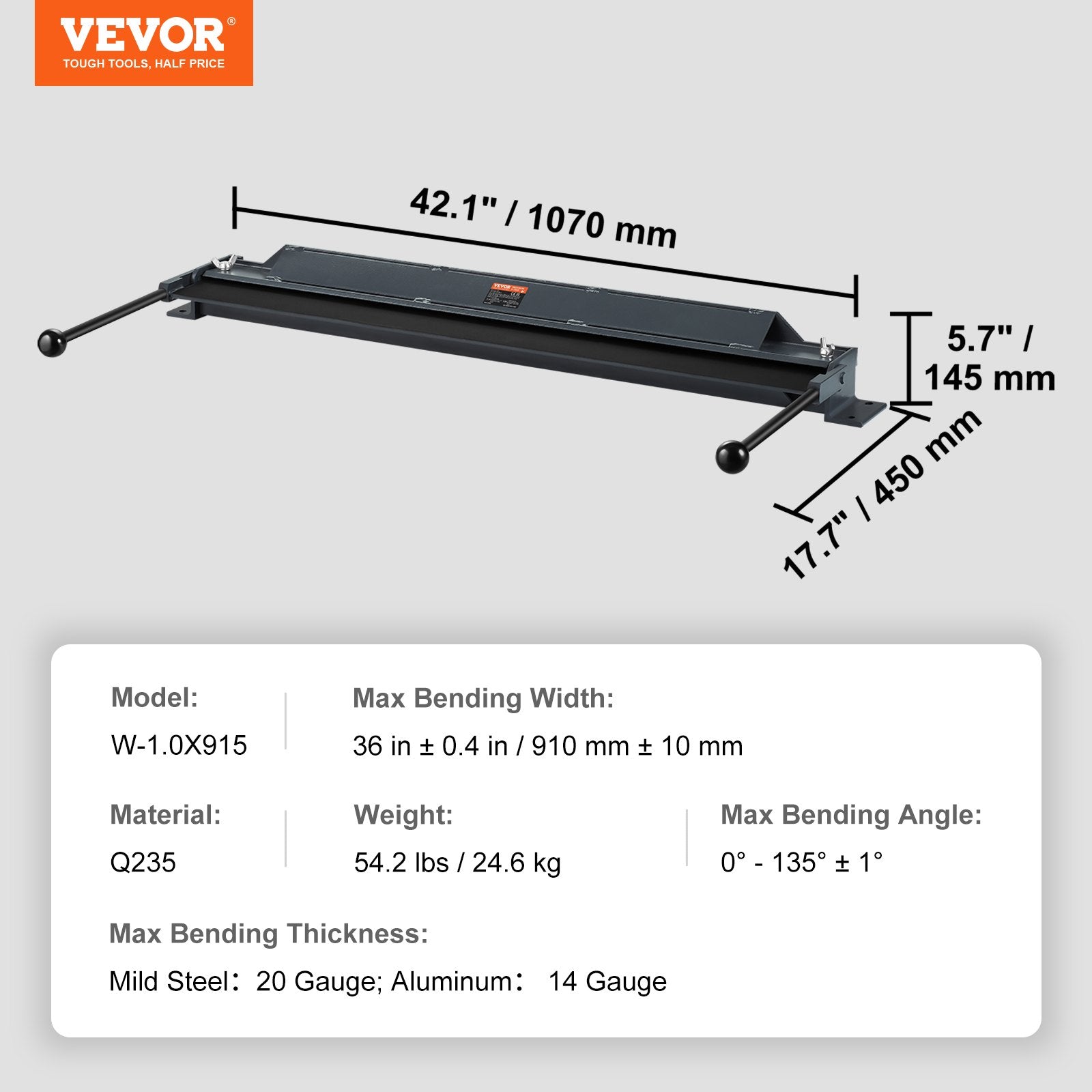 VEVOR Box and Pan Brake, 910 ± 10 mm, 0-130 Degrees Sheet Metal Bending Brake, Portable Mini Metal Bender with 20 Gauge Low Carbon Steel 14 Gauge Aluminum Capacity Power Handle, for Metal Bending
