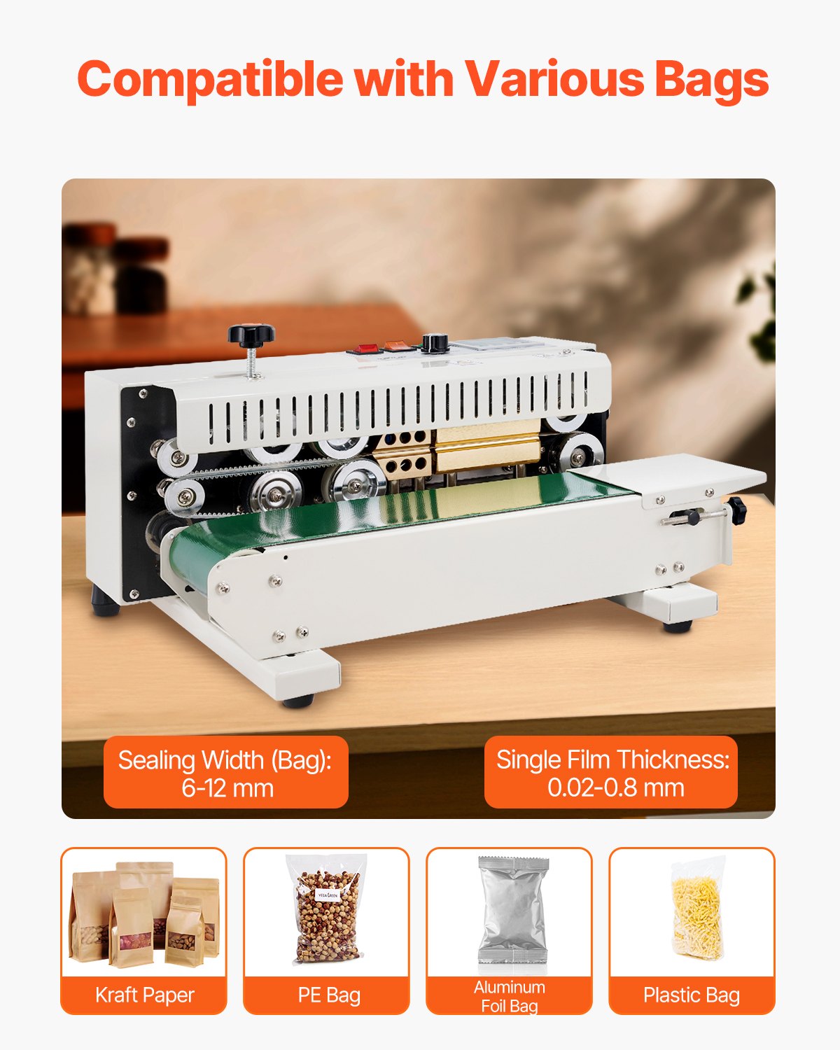 VEVOR Continuous Bag Band Sealing Machine, 6-12 mm Seal Width, Horizontal Band Sealer Machine with Digital Temperature Control, Carbon Steel Bag Sealer for 0.02-0.8 mm Plastic Bags Films Membrane