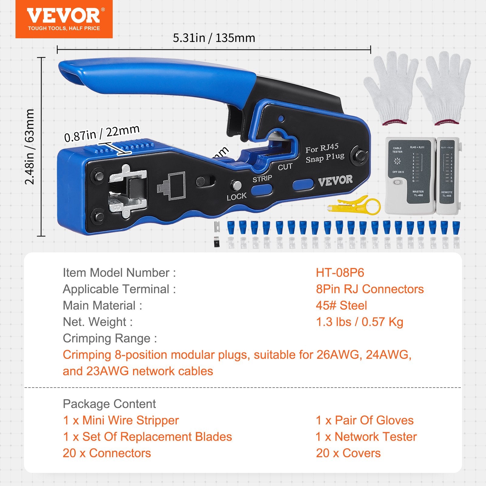 VEVOR RJ45 Crimp Tool Kit, Cat5e/Cat6/Cat6a Ethernet Crimper Crimp Pliers for 8-Pin Modular Plugs with 20pcs Pass-Through Connectors and Covers, Wire Stripper and Network Tester