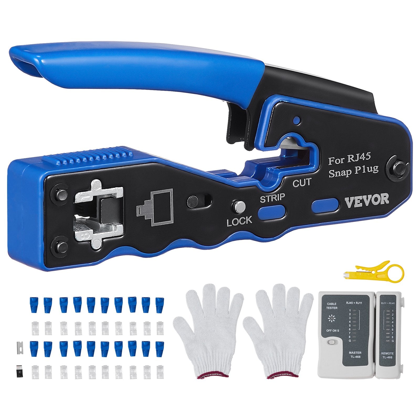 VEVOR RJ45 Crimp Tool Kit, Cat5e/Cat6/Cat6a Ethernet Crimper Crimp Pliers for 8-Pin Modular Plugs with 20pcs Pass-Through Connectors and Covers, Wire Stripper and Network Tester