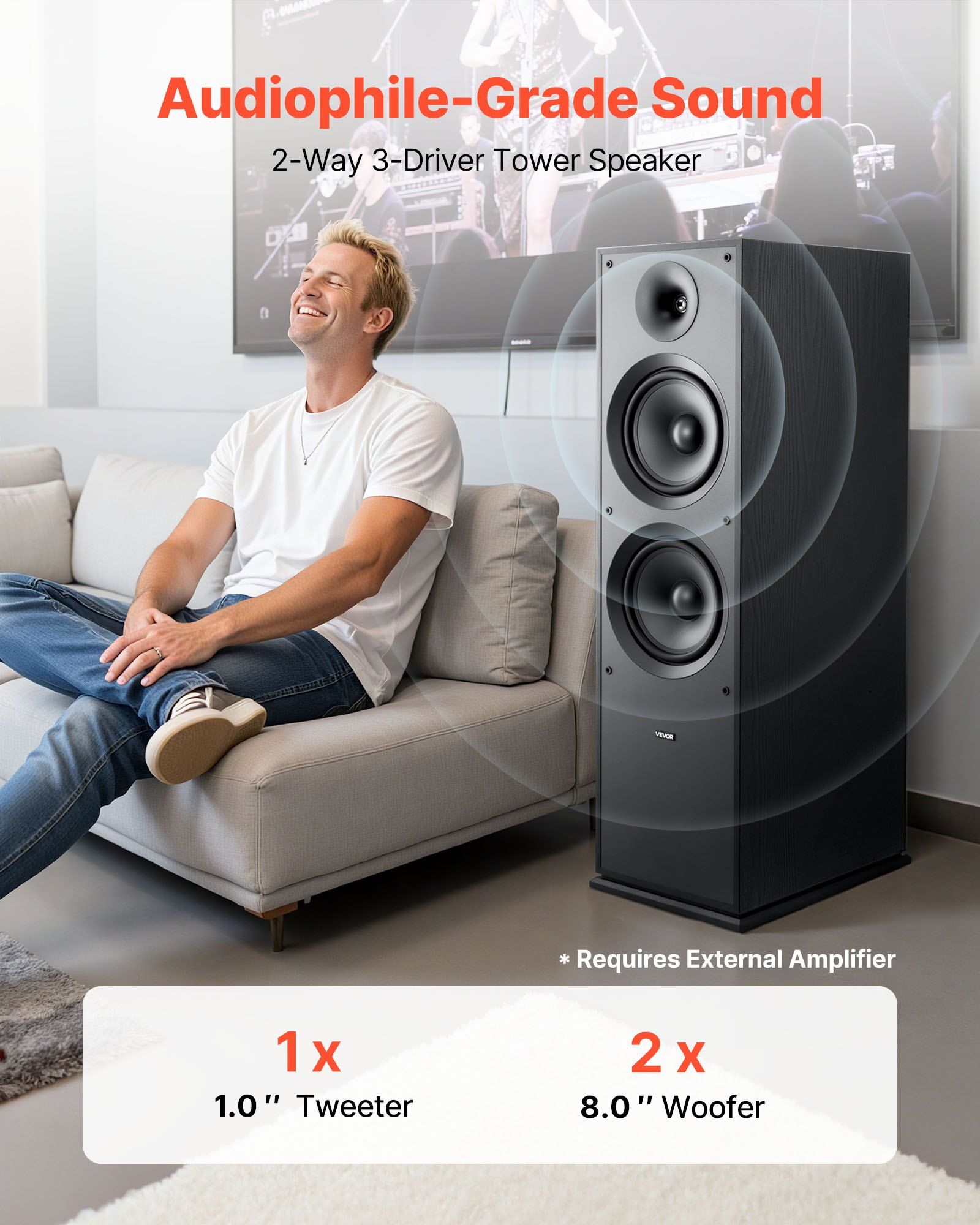 Floorstanding Speaker, 2-Way, Floor-Standing Tower Speaker with 25.4 mm Tweeter, Dual 203.2 mm Woofers, 600W Peak, 50Hz–20kHz Frequency Response, Durable MDF Enclosure, for Home Audio, Single
