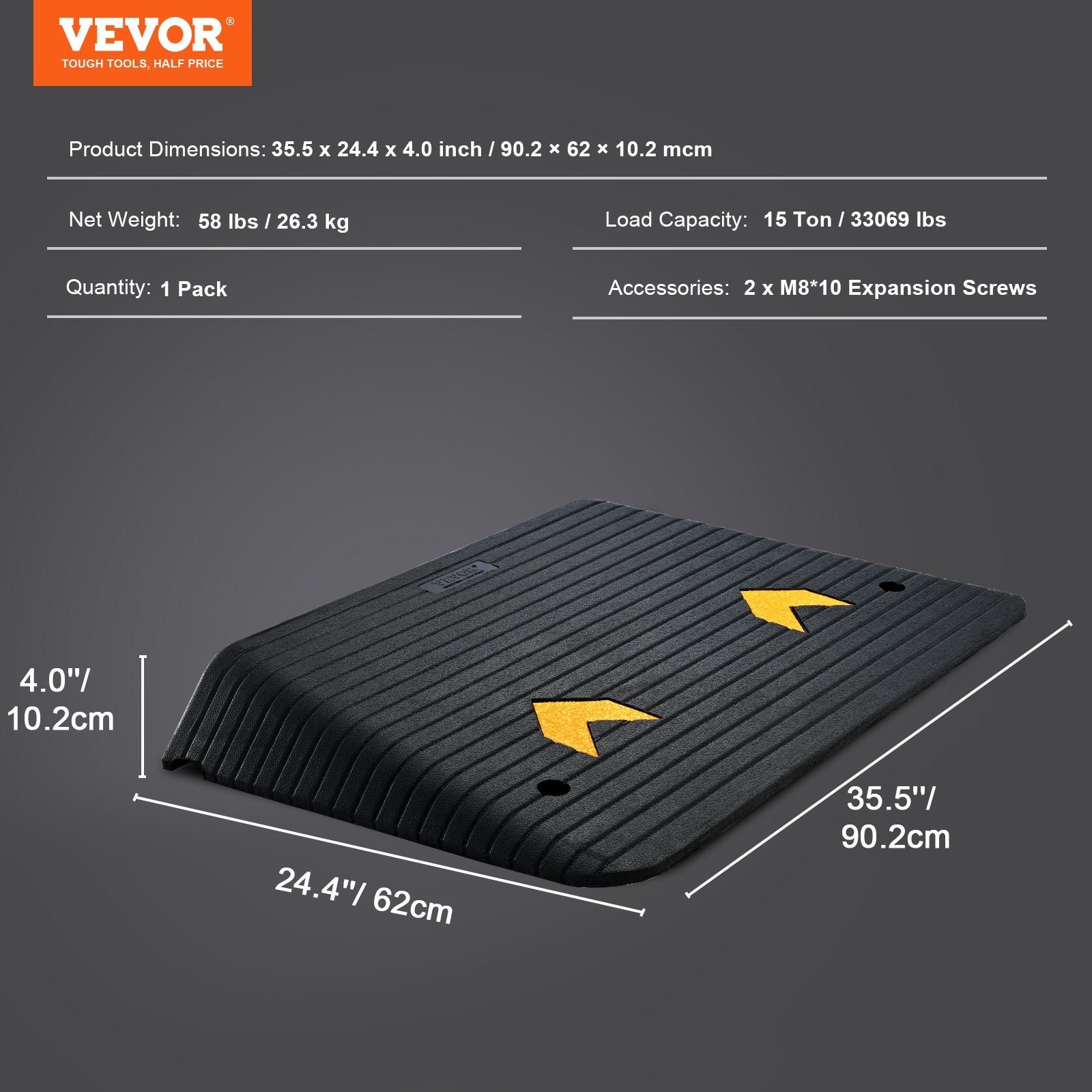 VEVOR Upgraded Rubber Threshold Ramp, 10.2 cm Rise Door Ramp with 1 Channel, Natural Rubber Car Ramp with Non-Slip Textured Surface, 15 tons Load Capacity Curb Ramp for Wheelchair and Scooter