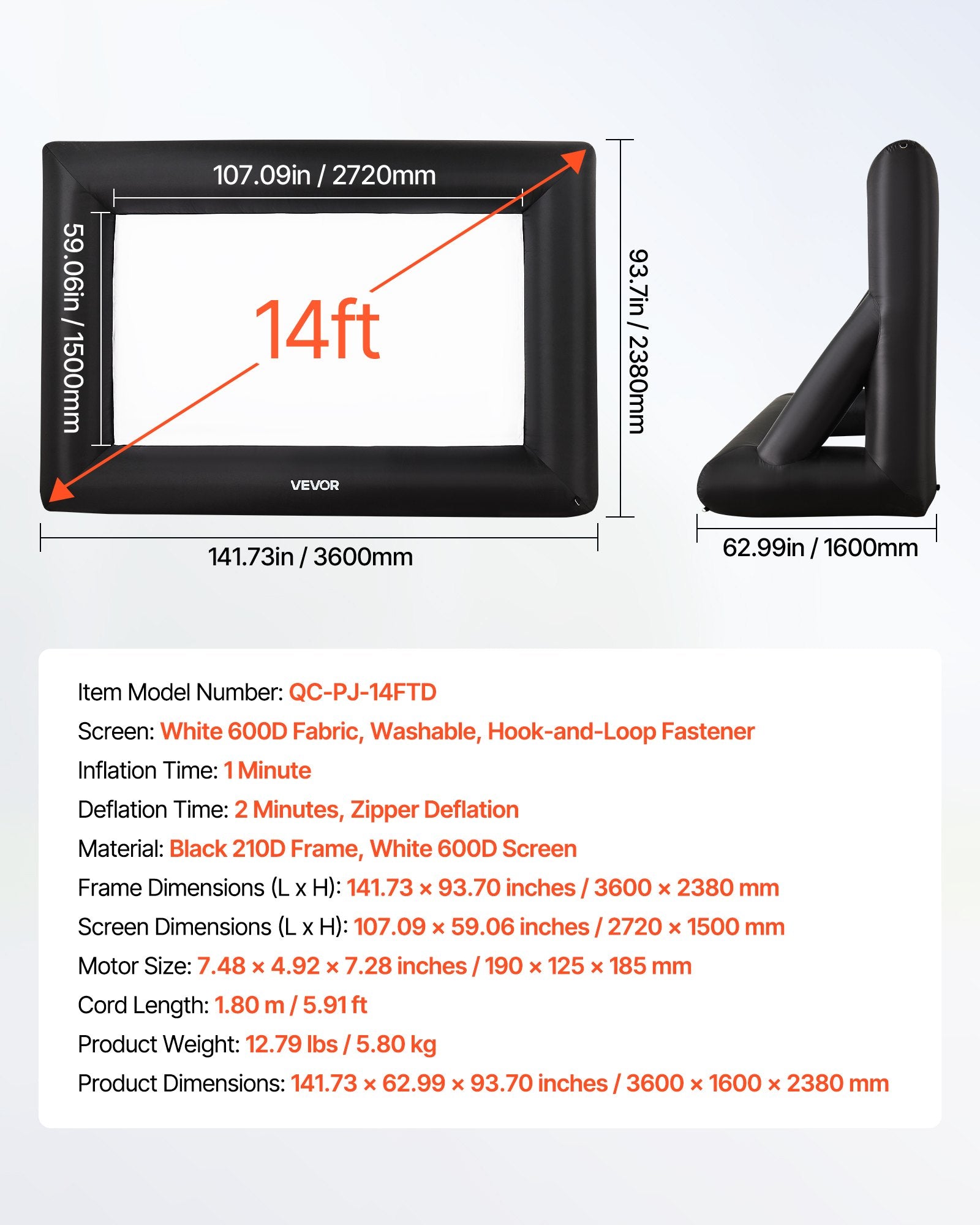 VEVOR 14 ft Inflatable Movie Screen 16:9 600D Movie Projector with Portable Bag