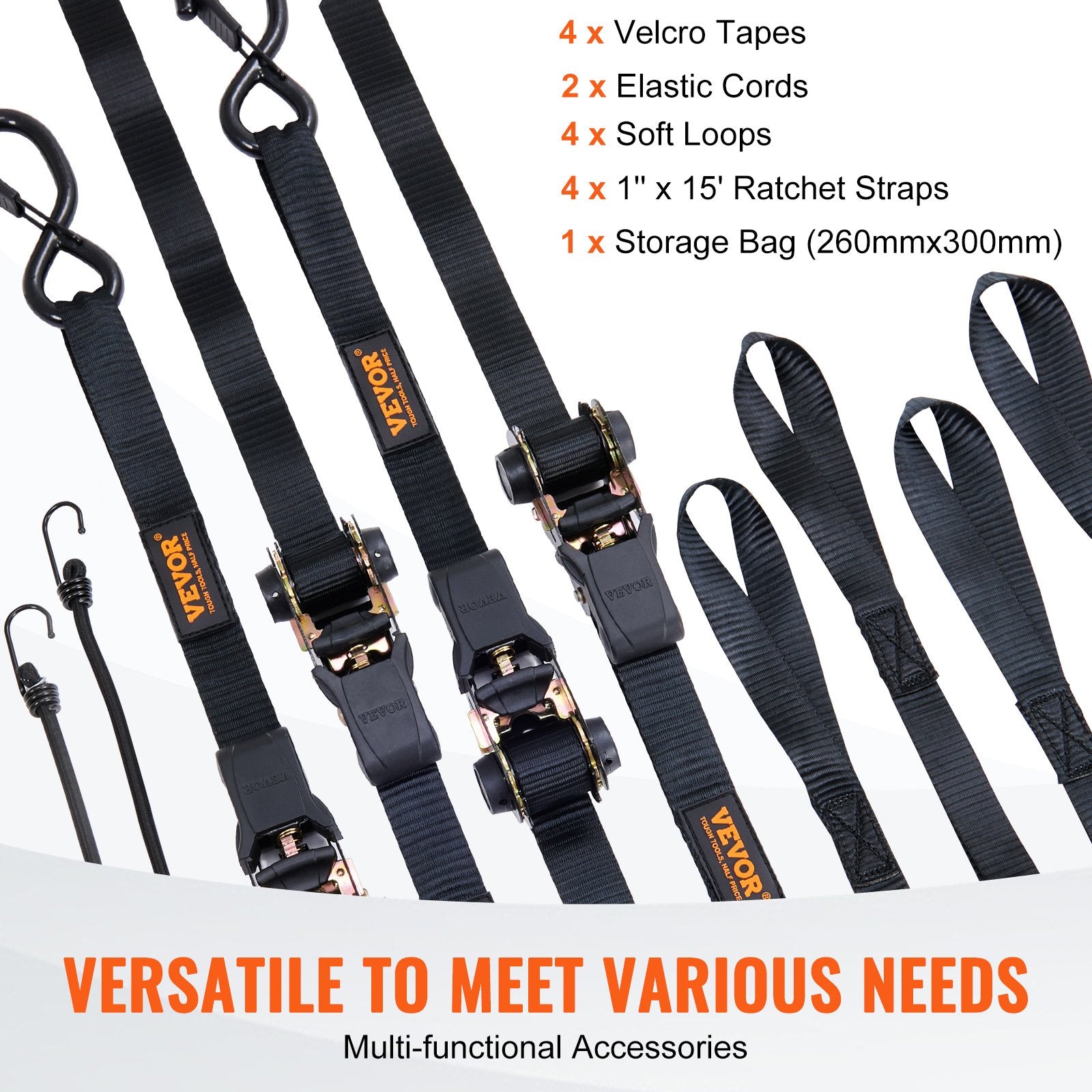 VEVOR 4 Pack Ratchet Tie Down Straps 2200 lbs 1"x15' Heavy Duty for Cargo
