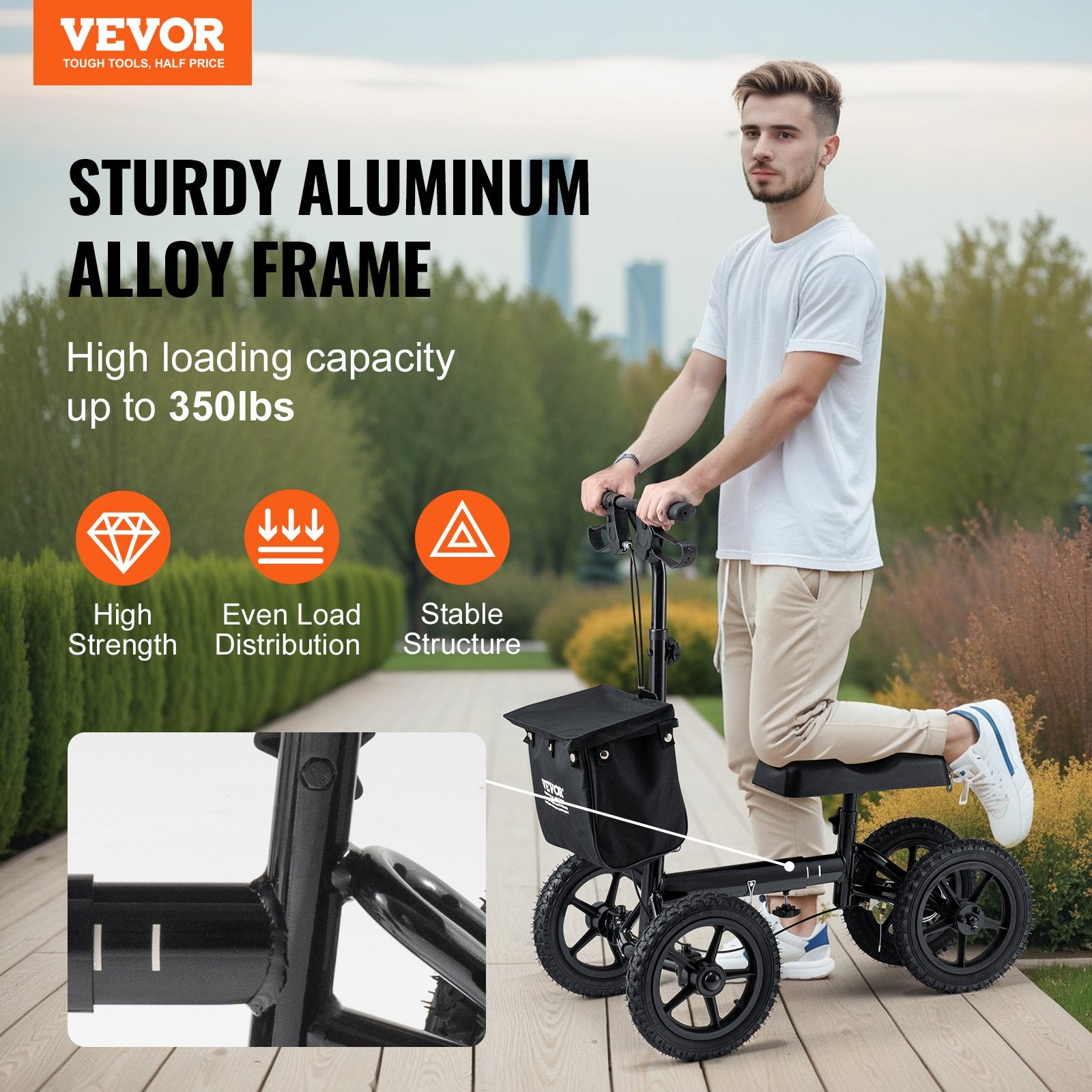 VEVOR Folding Knee Scooter, Aluminum Steerable Knee Walker with Height-Adjustable Handlebar & Knee Pad, 12" All-Terrain Wheels, Dual Brakes, Leg Recovery Scooter for Broken Ankle Foot Injuries, 159KG