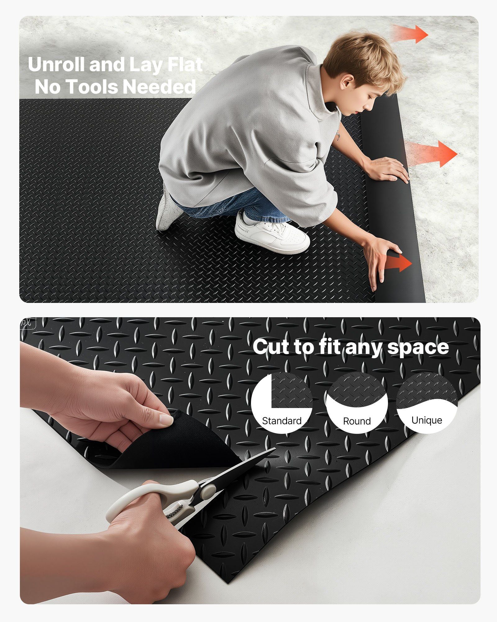 Garage Floor Roll, 1.22 x 7.62 m Garage Flooring Mat, 3 mm Thickened Rubber Diamond Plate Floor Protector Mat, Non-Slip, Wear-resist Waterproof, Easy to Clean for Warehouse, Gyms, Trailer, Black