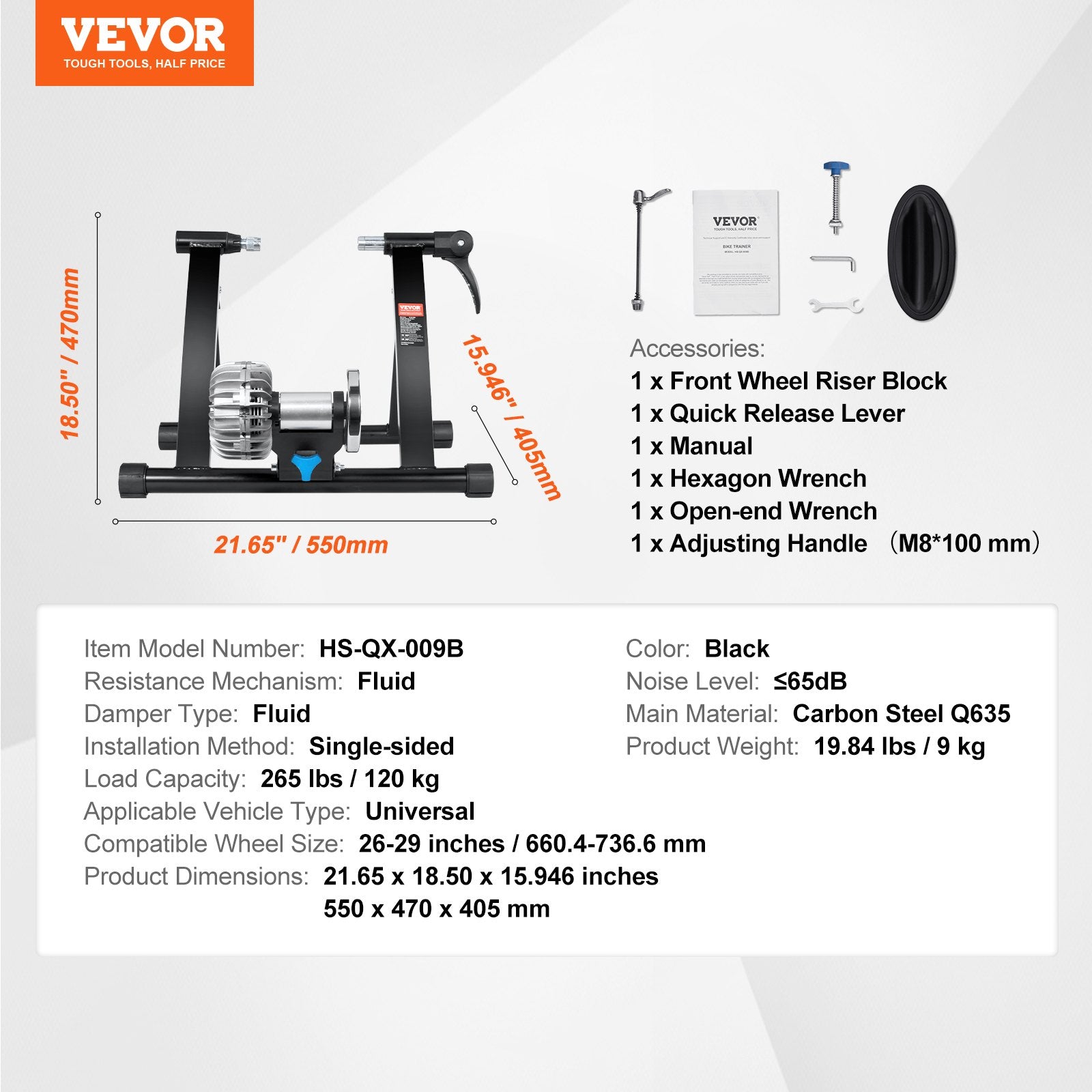 VEVOR Bike Trainer Stand, Fluid Stationary Bike Stand for 26"-29" Wheels, Noise Reduction Fluid Flywheel, Portable Cycling Stand for Indoor Riding Exercise, with Quick-Release Lever & Front Wheel Rise