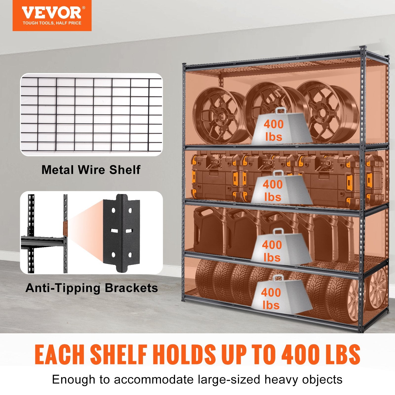 VEVOR Storage Shelving Unit, 5-Tier Adjustable, 2000 lbs Capacity, Heavy Duty Garage Shelves Metal Organizer Wire Rack, Black, 60" L x 24" W x 78" H for Kitchen Pantry Basement Bathroom Laundry Closet