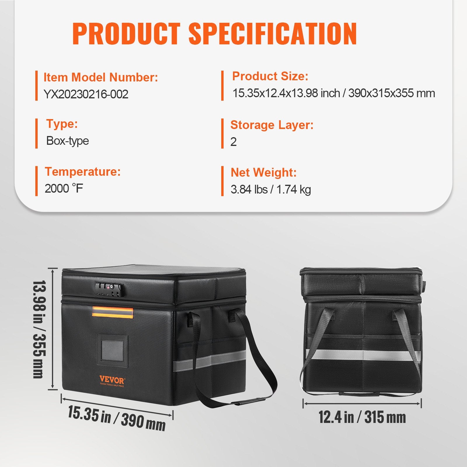 VEVOR Fireproof Document Box, Fireproof Document Bag with Lock 2000_, Fireproof and Waterproof File Box 450x140x315 mm with Zipper & Handle, for Money, Documents, Jewelry and Passport