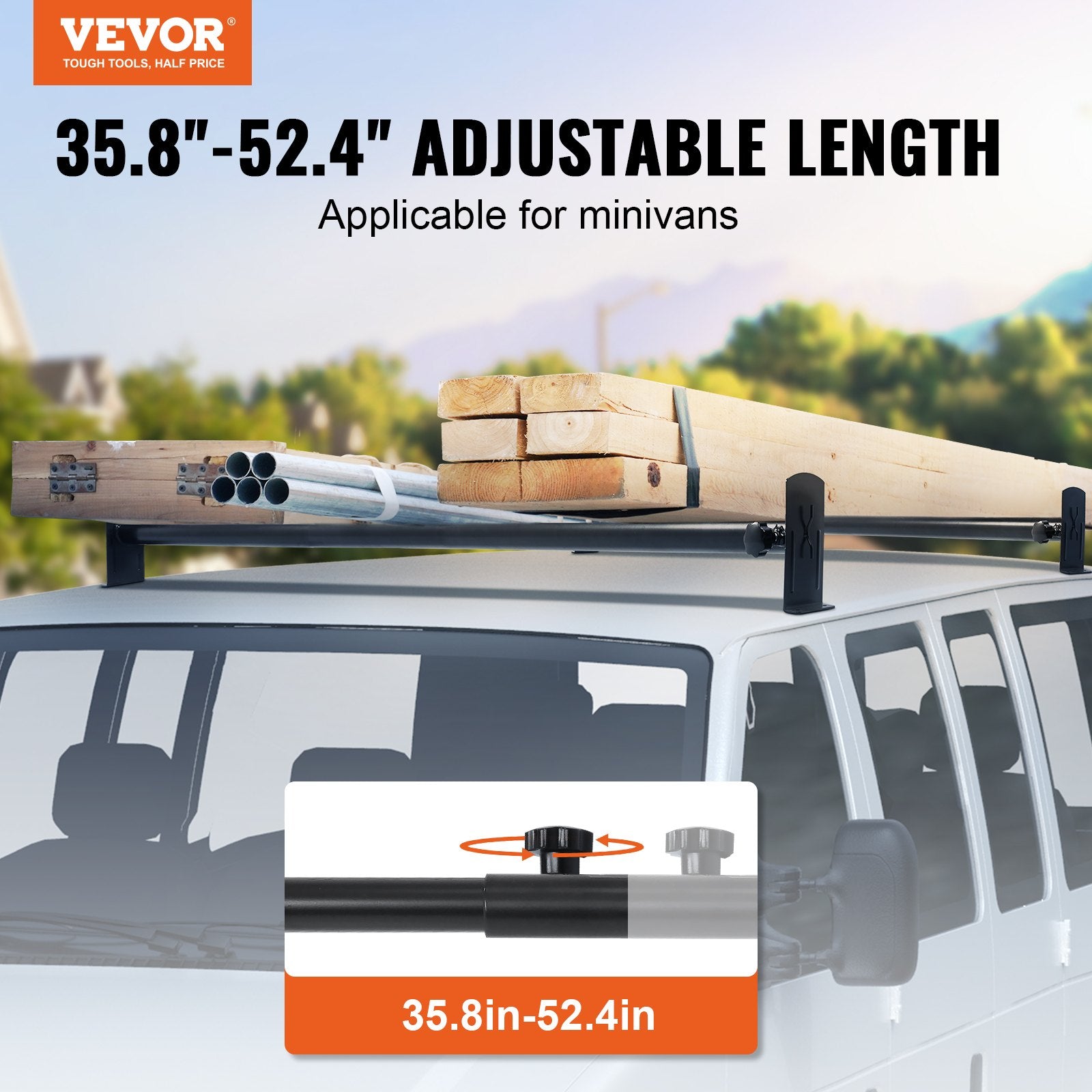 VEVOR 2 Bars Van Roof Ladder Rack 500 LBS Adjustable 35.8" to 57.5" Alloy Steel