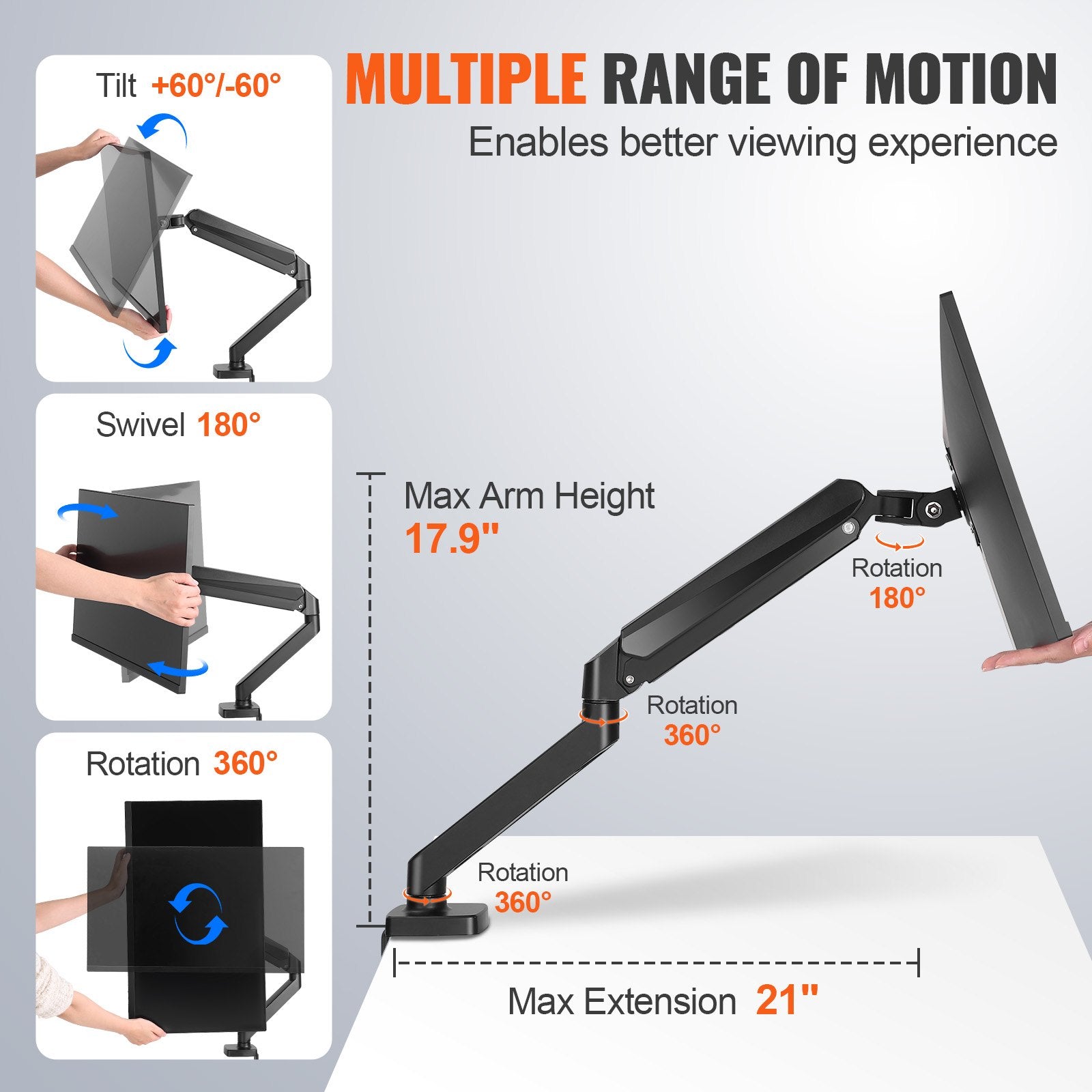 VEVOR Single Monitor Mount, Supports 13"-32", 330-813 mm Screen, Fully Adjustable Gas Spring Monitor Arm, Hold up to 9.1 kg, Computer Monitor Stand Holder with C-Clamp/Grommet Mounting Base, VESA Mount Bracket