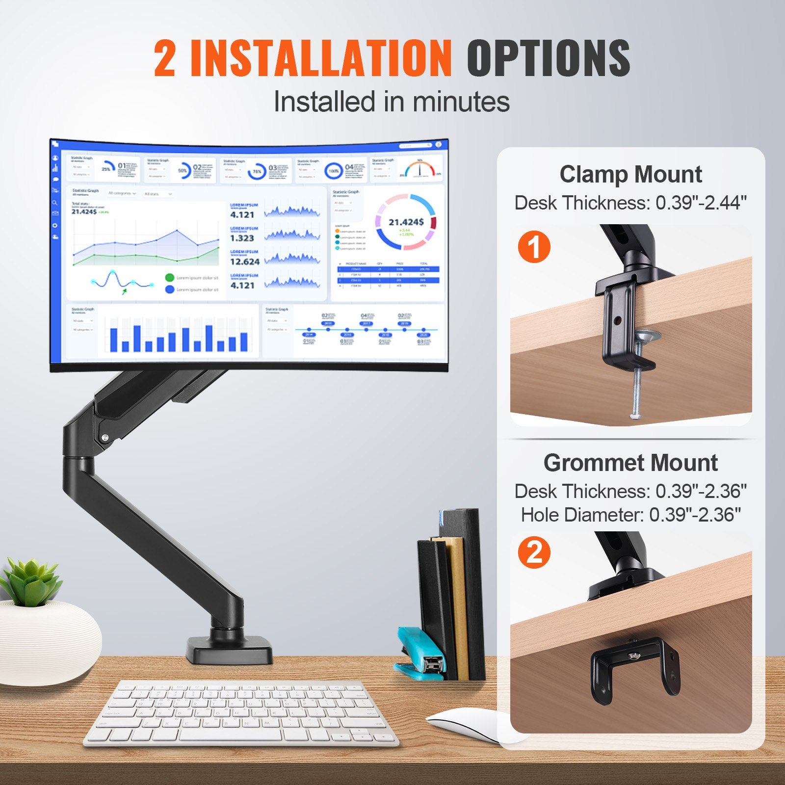 VEVOR Single Monitor Mount, Supports 13"-32", 330-813 mm Screen, Fully Adjustable Gas Spring Monitor Arm, Hold up to 9.1 kg, Computer Monitor Stand Holder with C-Clamp/Grommet Mounting Base, VESA Mount Bracket