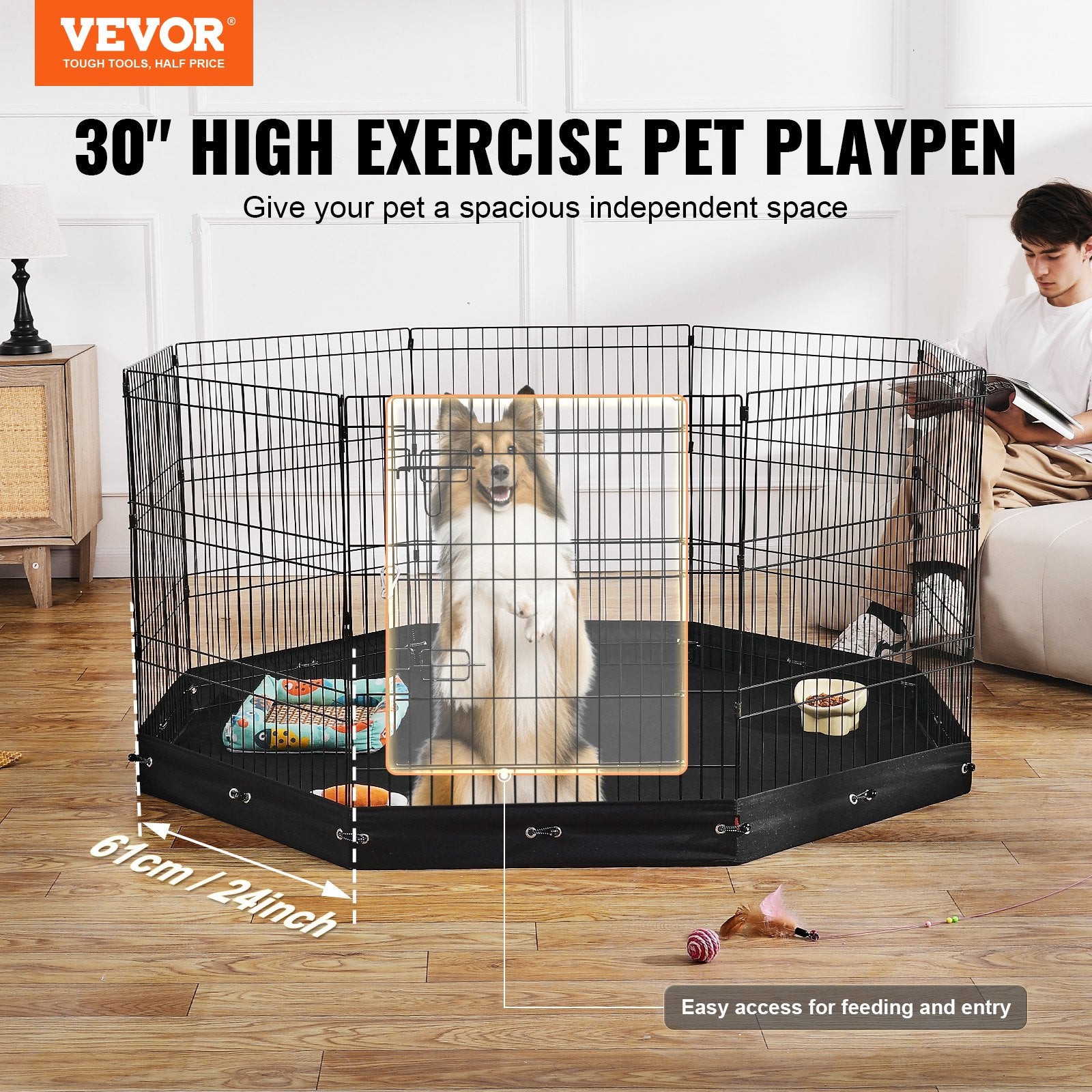 VEVOR Dog Playpen, 8 Pcs 30"H x 24"W Panels Foldable Metal Pet Exercise Pen, Dog Fence Indoor and Outdoor Pen with Door, 600D Oxford Fabric Bottom Pad, Pet Playpen for Dogs, Cats, Other Small Animals