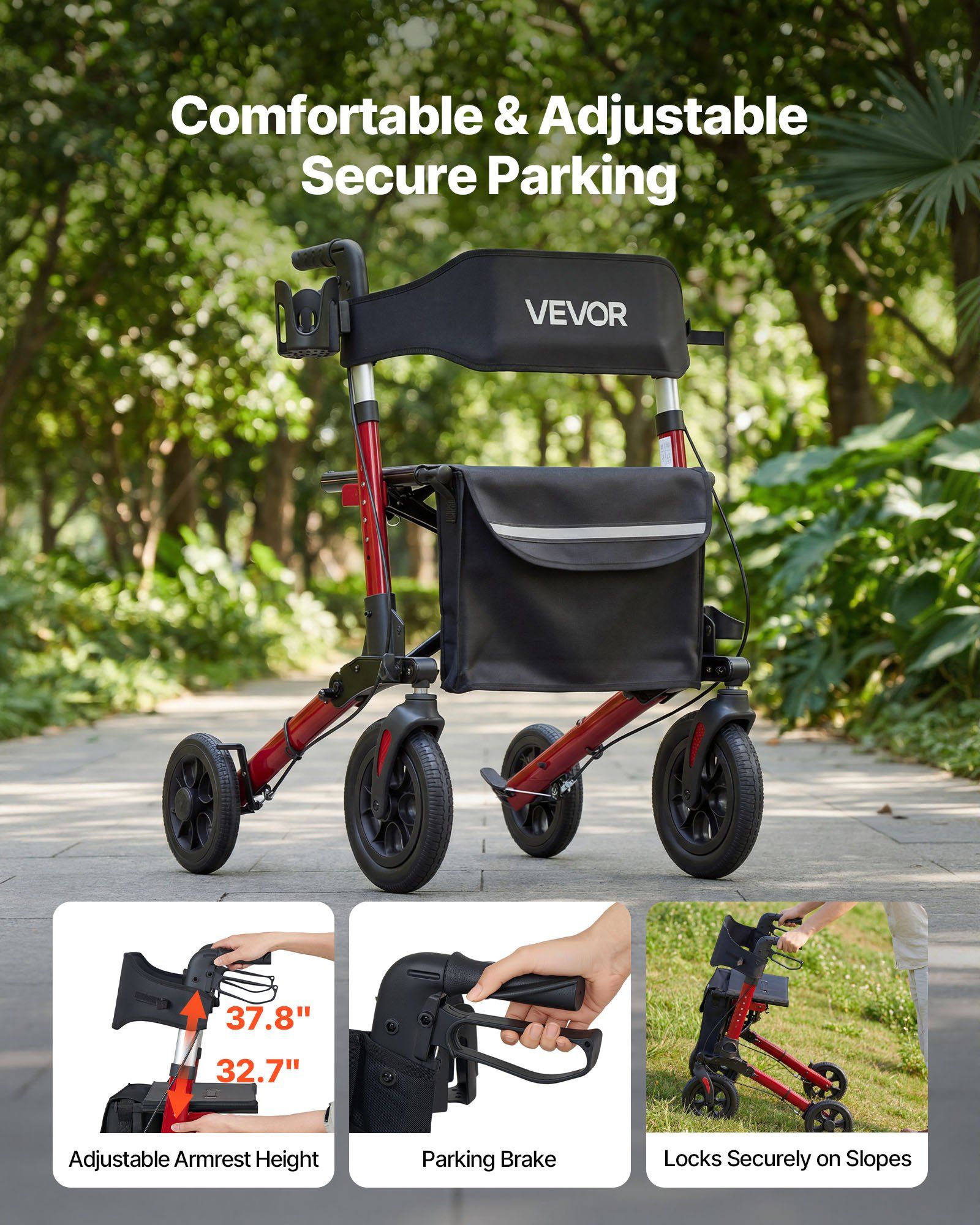Rollator Walker with Seat for Seniors, Ultra Compact 3-Fold Rolling Walker, Lightweight Aluminum Mobility Walking Aid with PU Solid Wheels, Adjustable Handle, Cup & Cane Holder - Supports 136kg